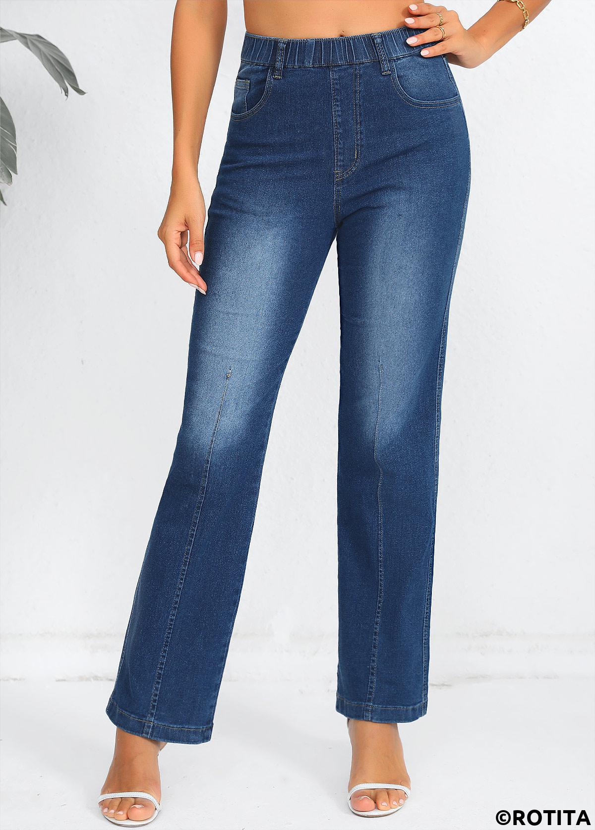 Denim Blue bottoms,Plain Color bottoms,Denim Blue Elastic Waist High Waisted Jeans