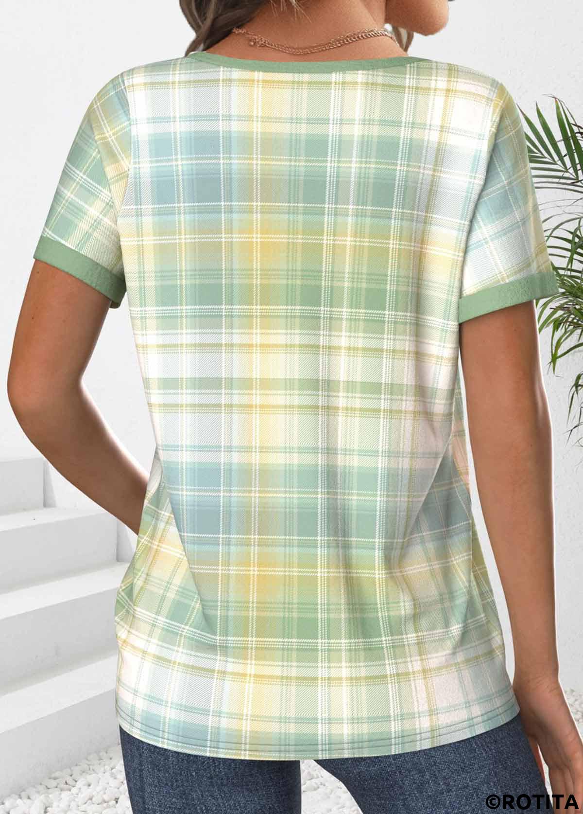 Light Green tops,Plaid tops,ROTITA Ruched Plaid Light Green Split Neck T Shirt
