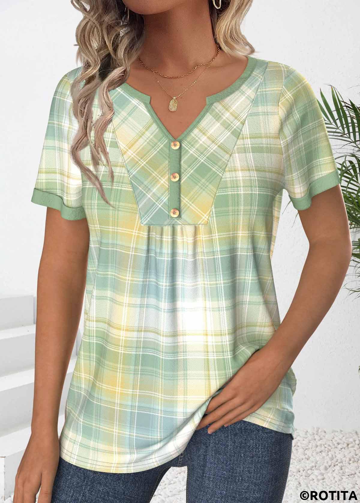 Light Green tops,Plaid tops,ROTITA Ruched Plaid Light Green Split Neck T Shirt