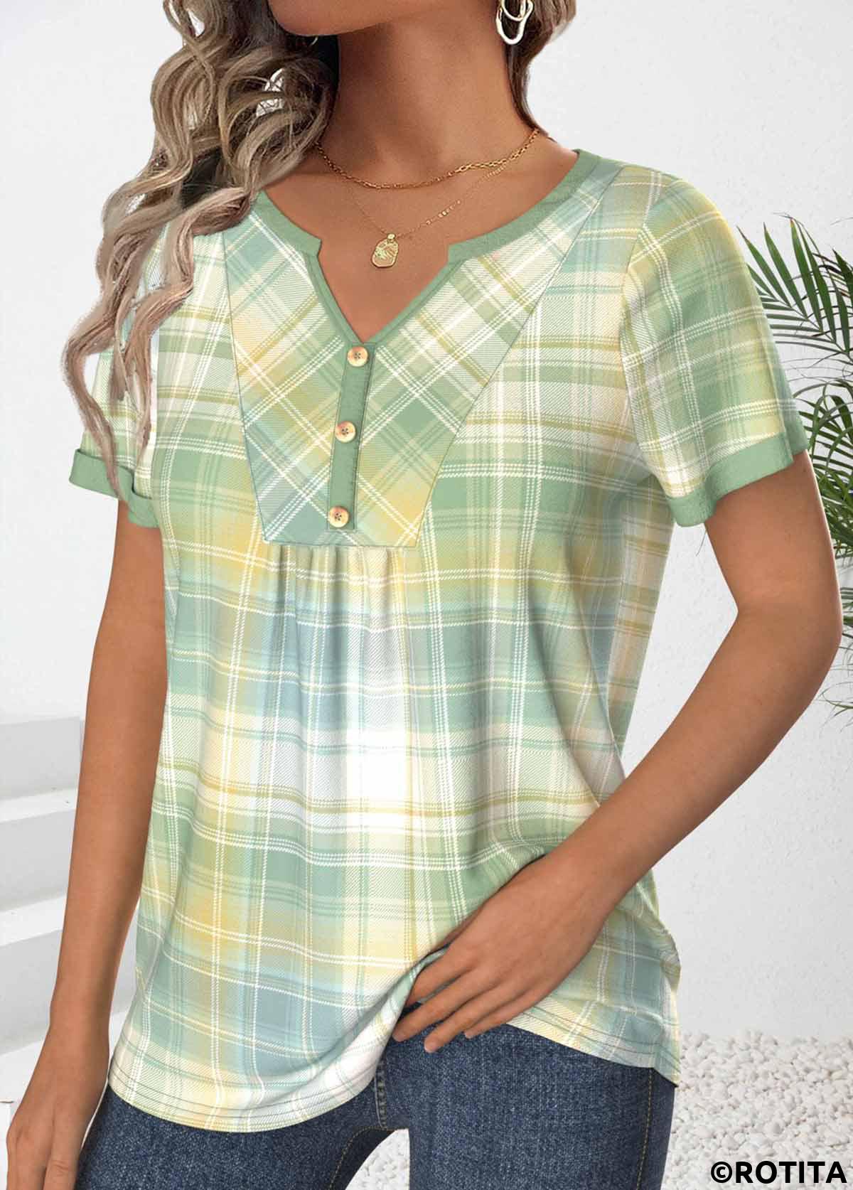 Light Green tops,Plaid tops,ROTITA Ruched Plaid Light Green Split Neck T Shirt