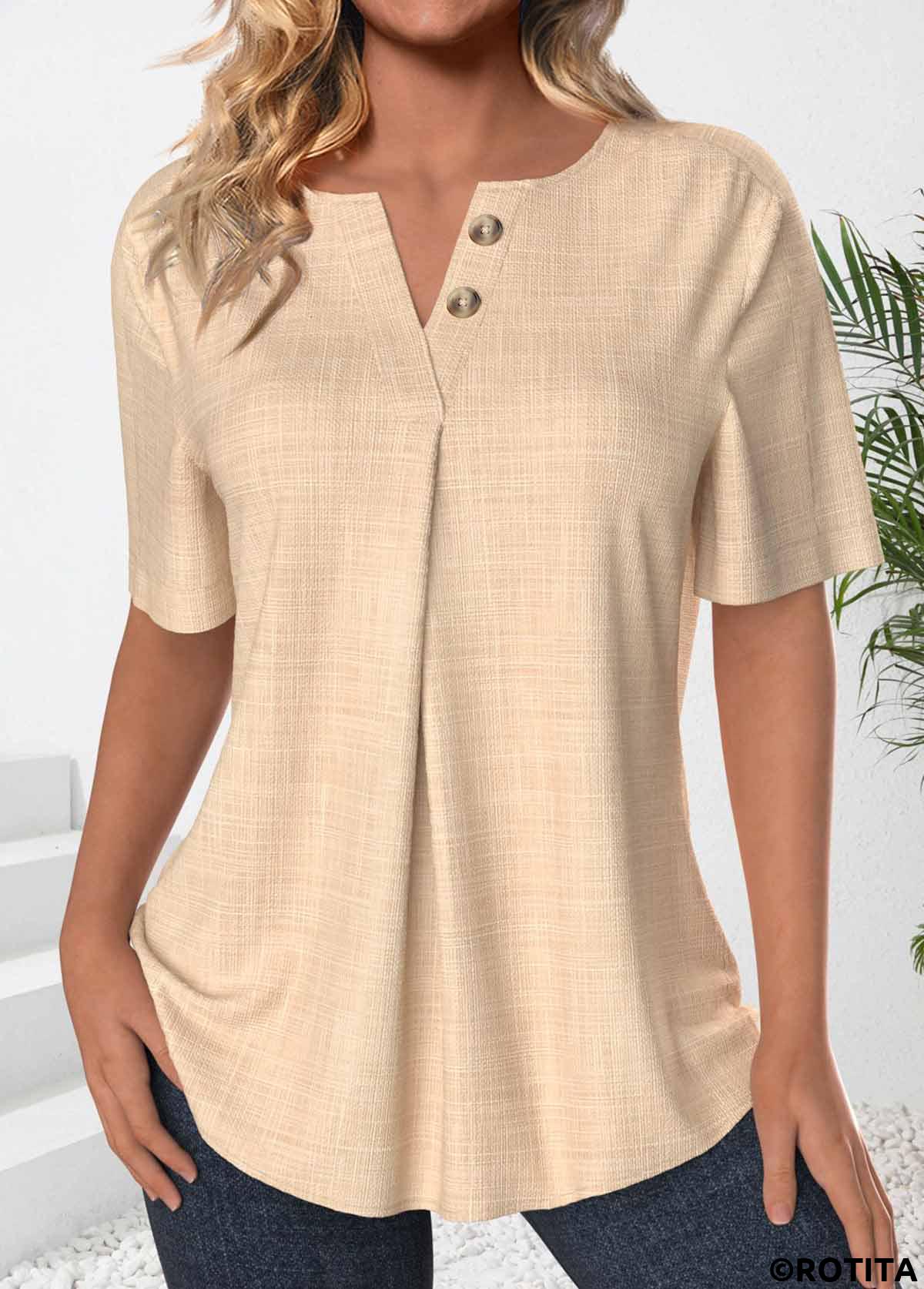 Light Camel tops,Plain Color tops,ROTITA Button Light Camel Split Neck Short Sleeve Blouse