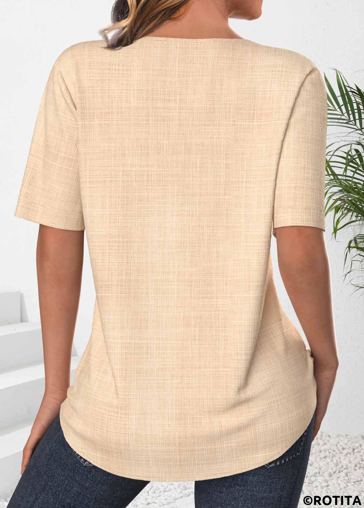 Light Camel tops,Plain Color tops,ROTITA Button Light Camel Split Neck Short Sleeve Blouse