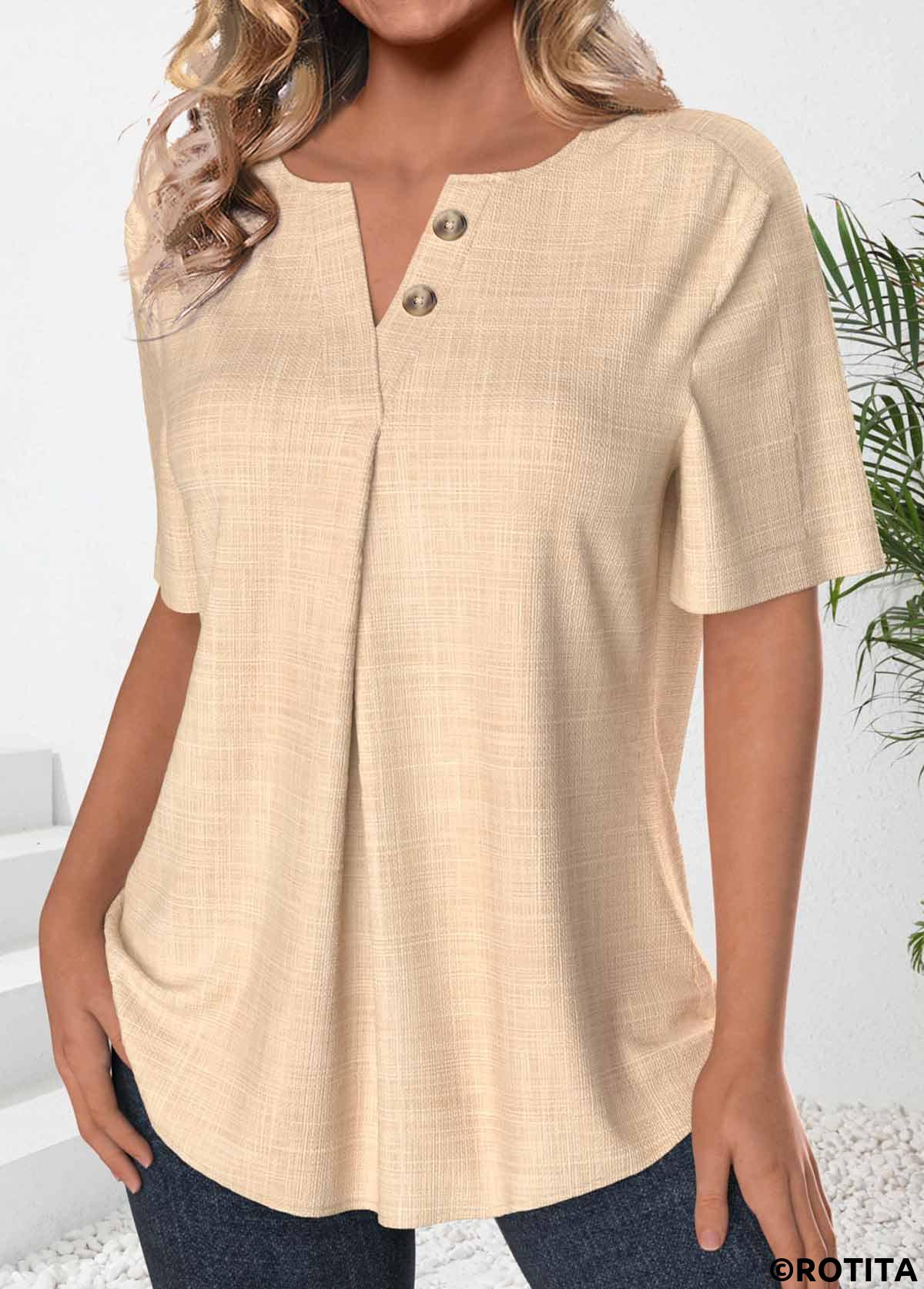 Light Camel tops,Plain Color tops,ROTITA Button Light Camel Split Neck Short Sleeve Blouse