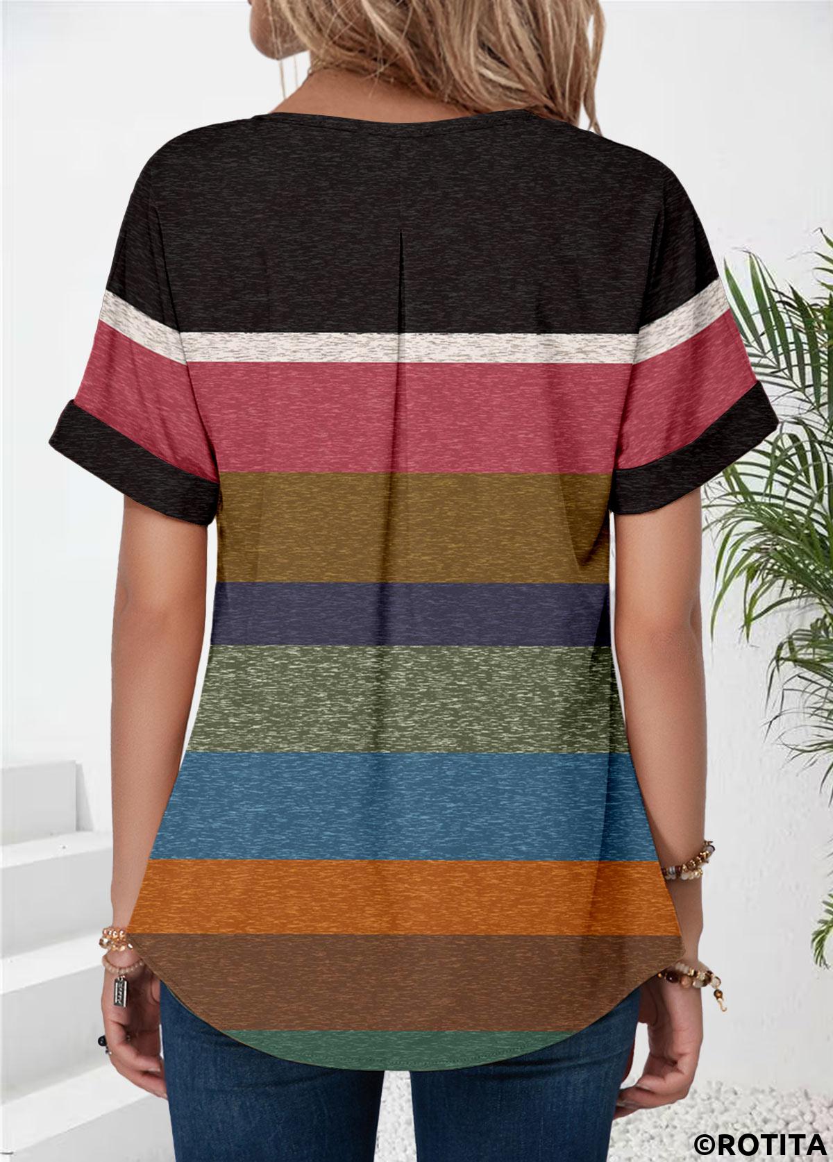 Rotita Patchwork – Mehrfarbiges kurzärmliges T-Shirt mit geschlitztem Kragen