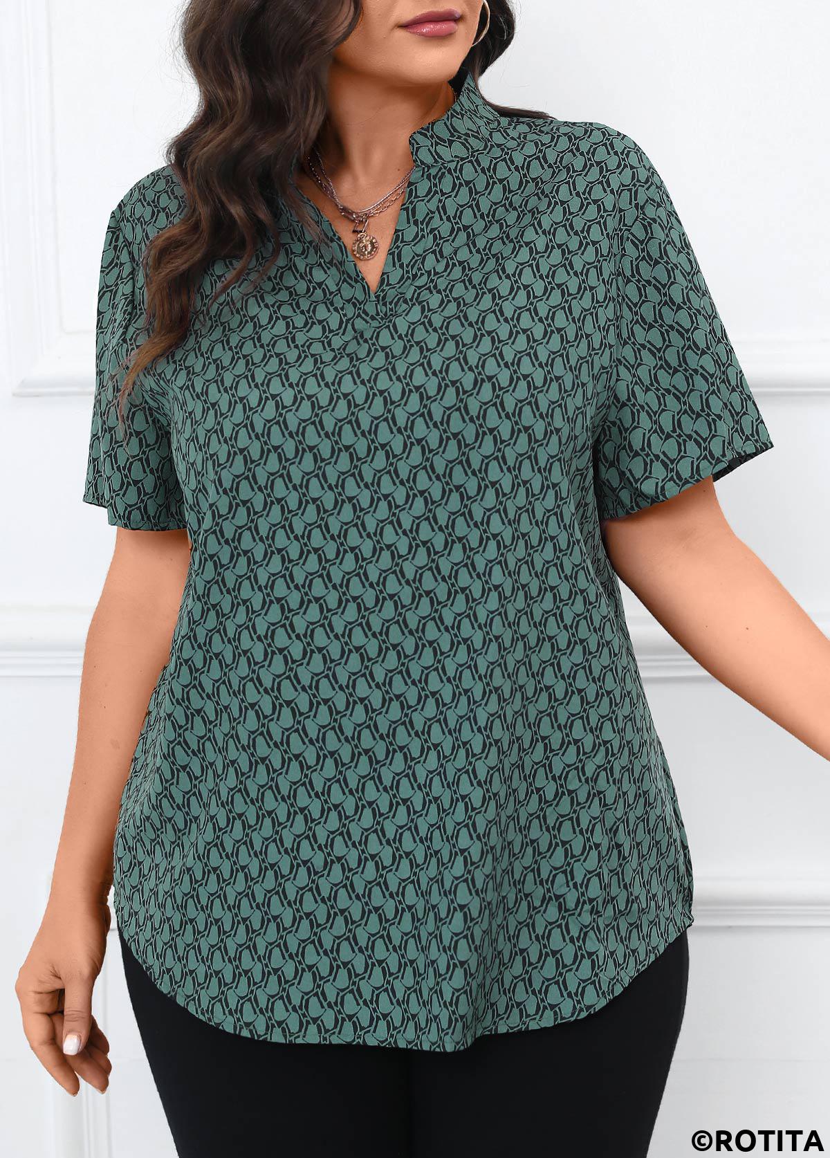 Turquoise plus size,Geometric plus size,Split Geometric Print Turquoise Short Sleeve Blouse