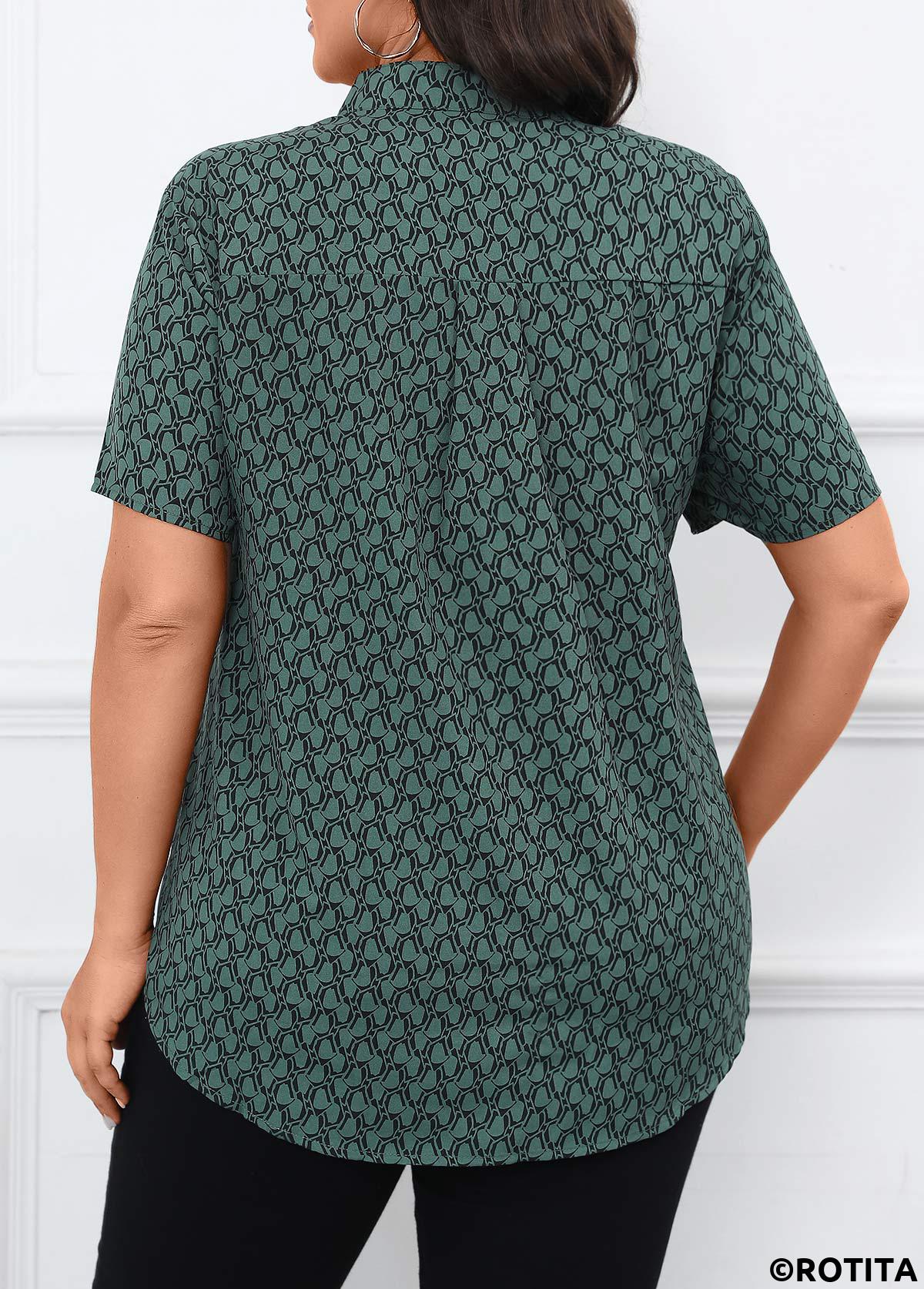 Turquoise plus size,Geometric plus size,Split Geometric Print Turquoise Short Sleeve Blouse
