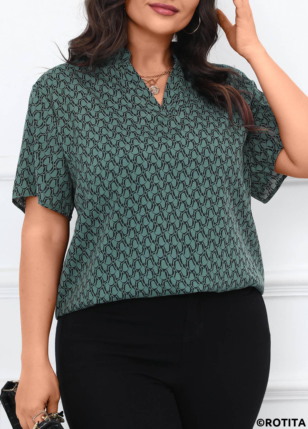 Turquoise plus size,Geometric plus size,Split Geometric Print Turquoise Short Sleeve Blouse