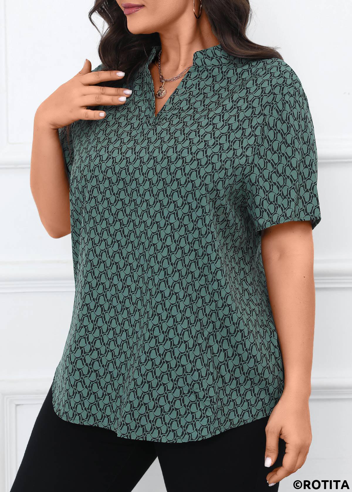 Turquoise plus size,Geometric plus size,Split Geometric Print Turquoise Short Sleeve Blouse