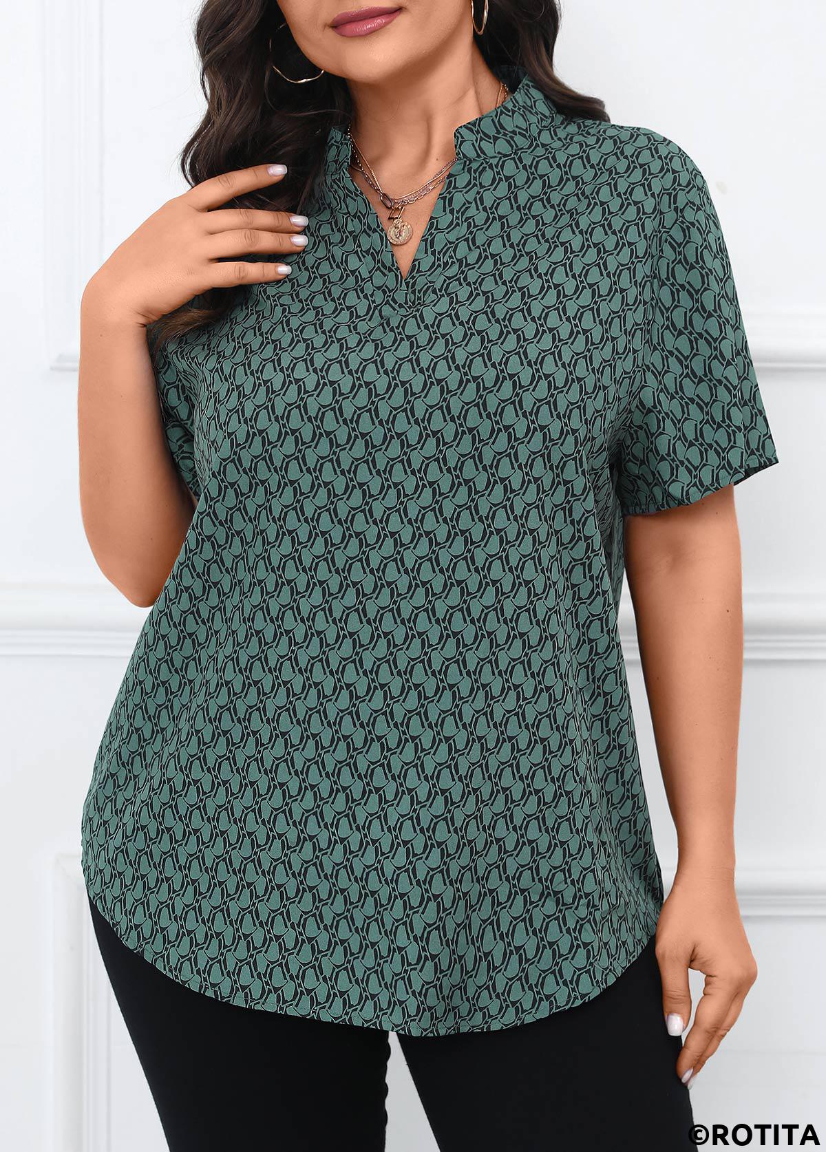 Turquoise plus size,Geometric plus size,Split Geometric Print Turquoise Short Sleeve Blouse