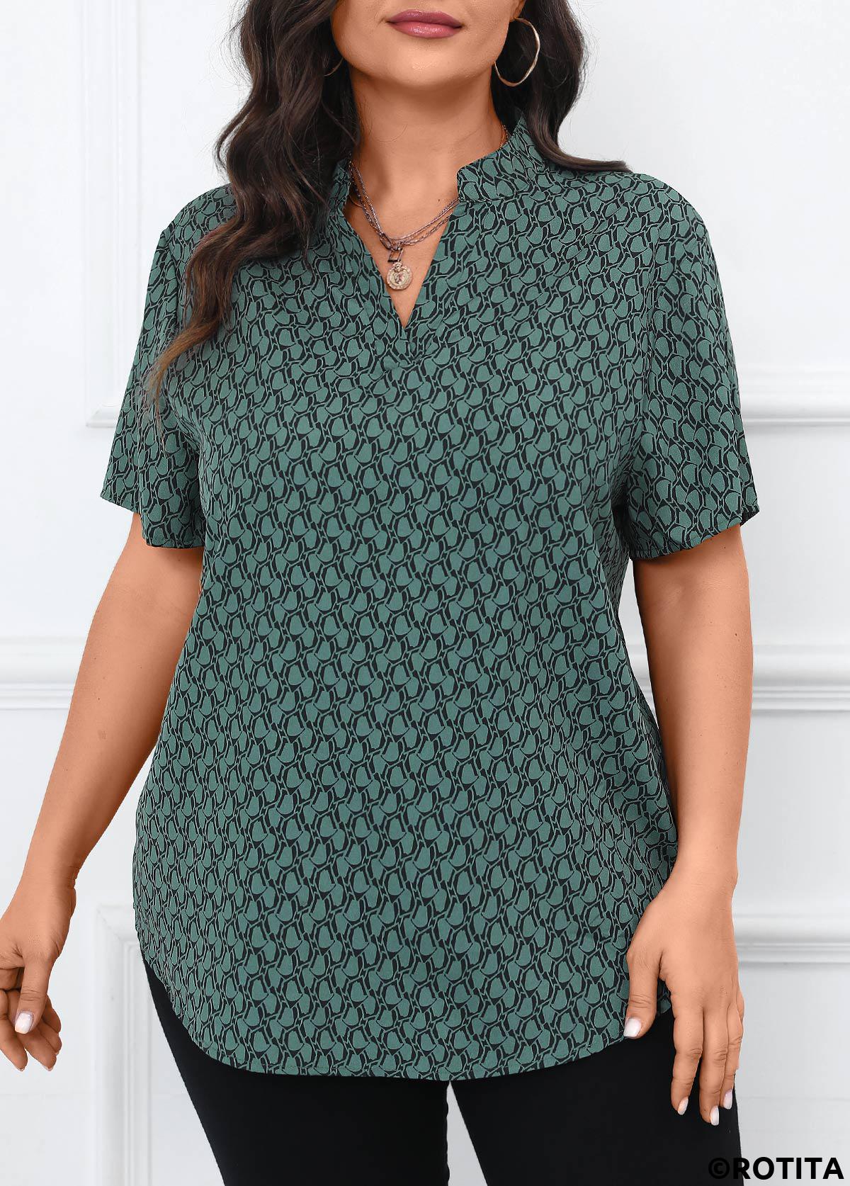 Turquoise plus size,Geometric plus size,Split Geometric Print Turquoise Short Sleeve Blouse