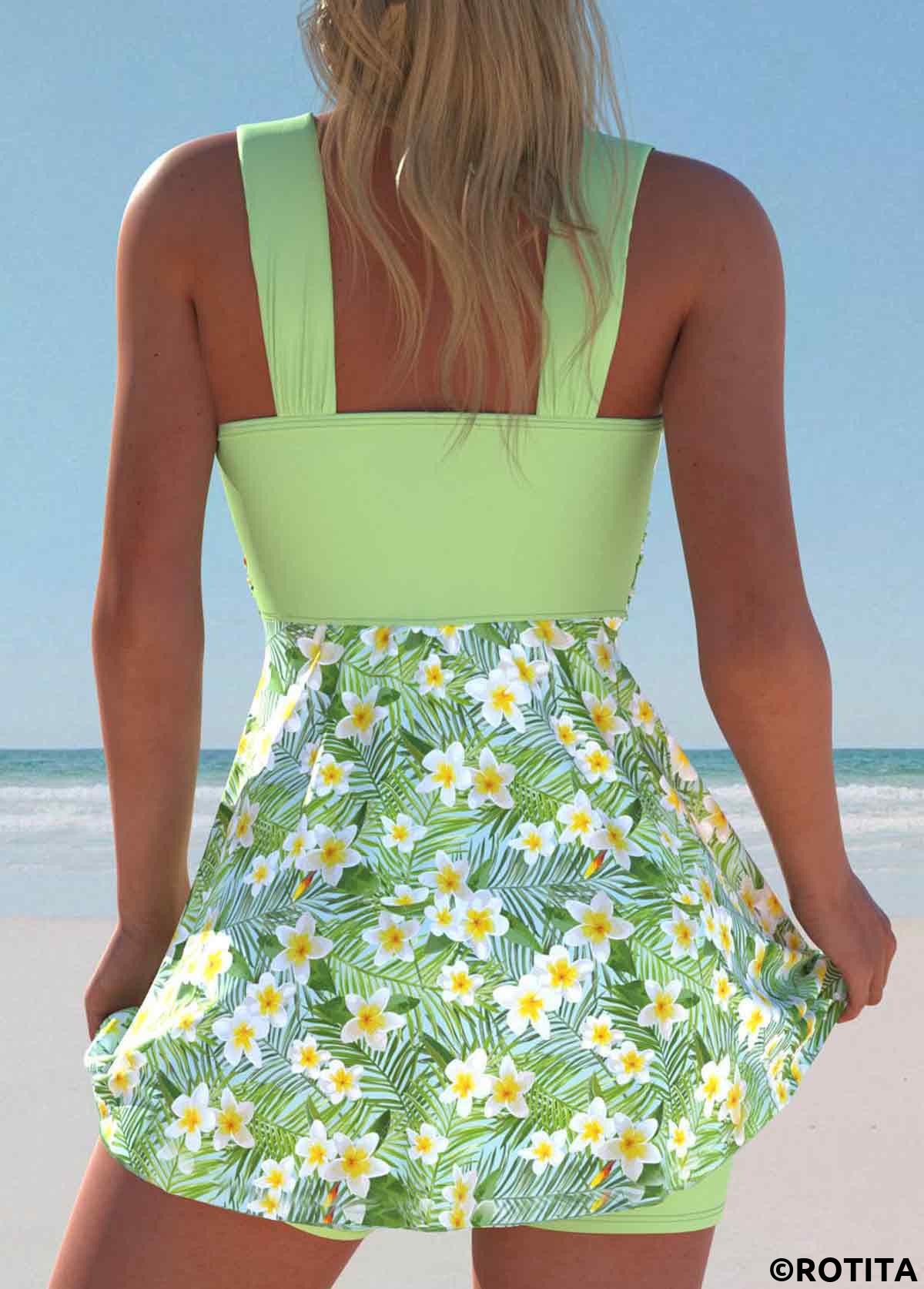 Light Green swimwear,Floral swimwear,Plants swimwear,ROTITA Surplice Light Green Floral Print Swimdress and Shorts
