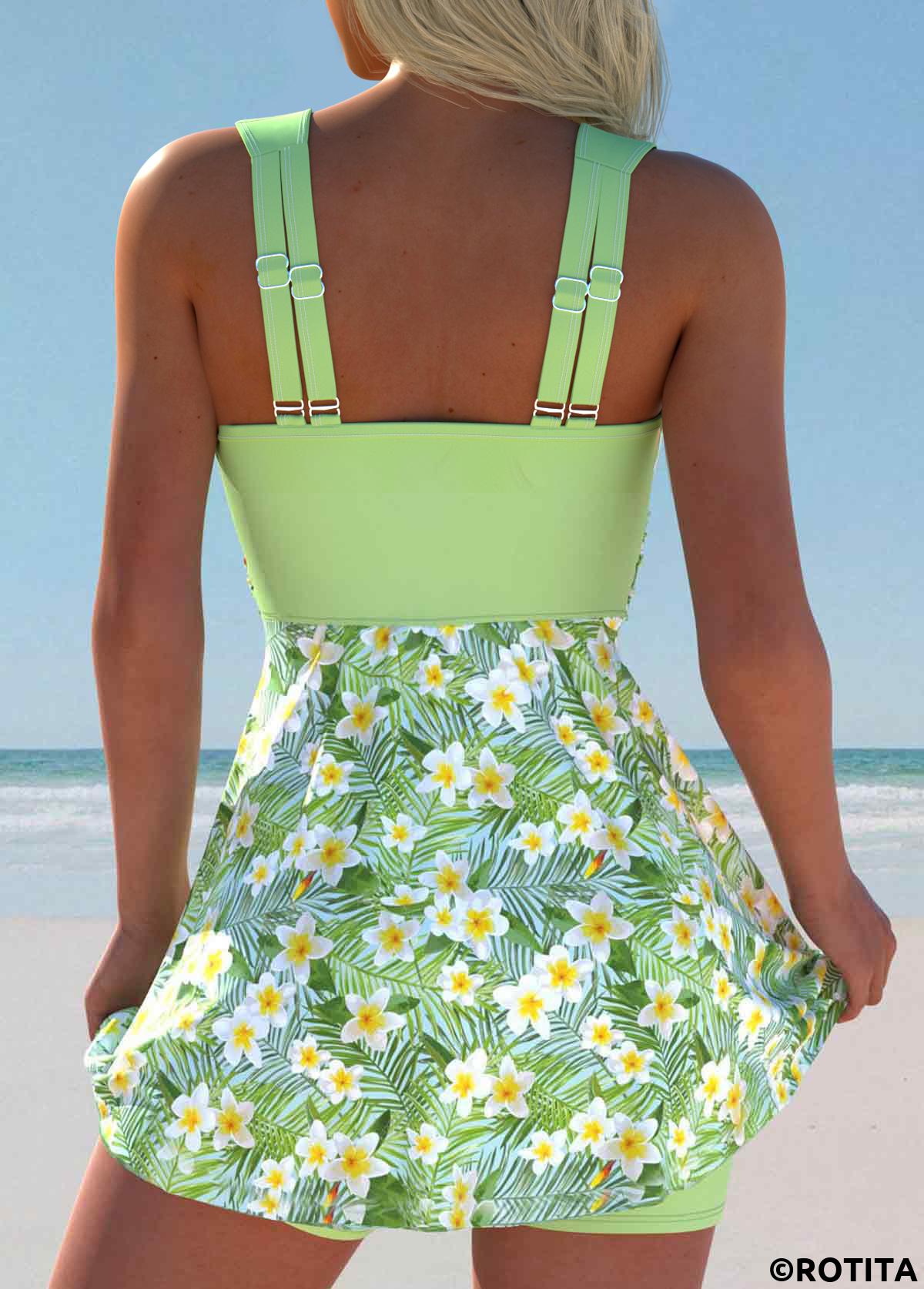 Light Green swimwear,Floral swimwear,Plants swimwear,ROTITA Surplice Light Green Floral Print Swimdress and Shorts