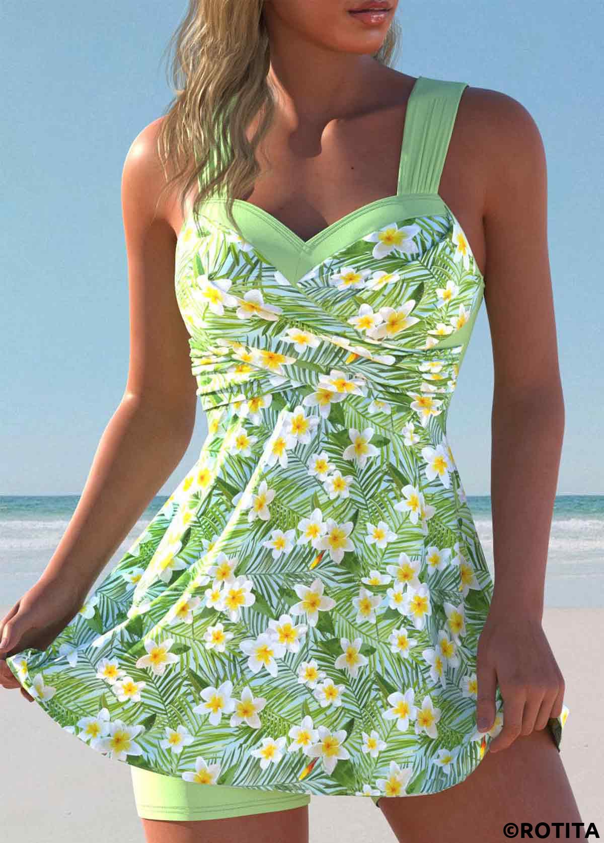 Light Green swimwear,Floral swimwear,Plants swimwear,ROTITA Surplice Light Green Floral Print Swimdress and Shorts