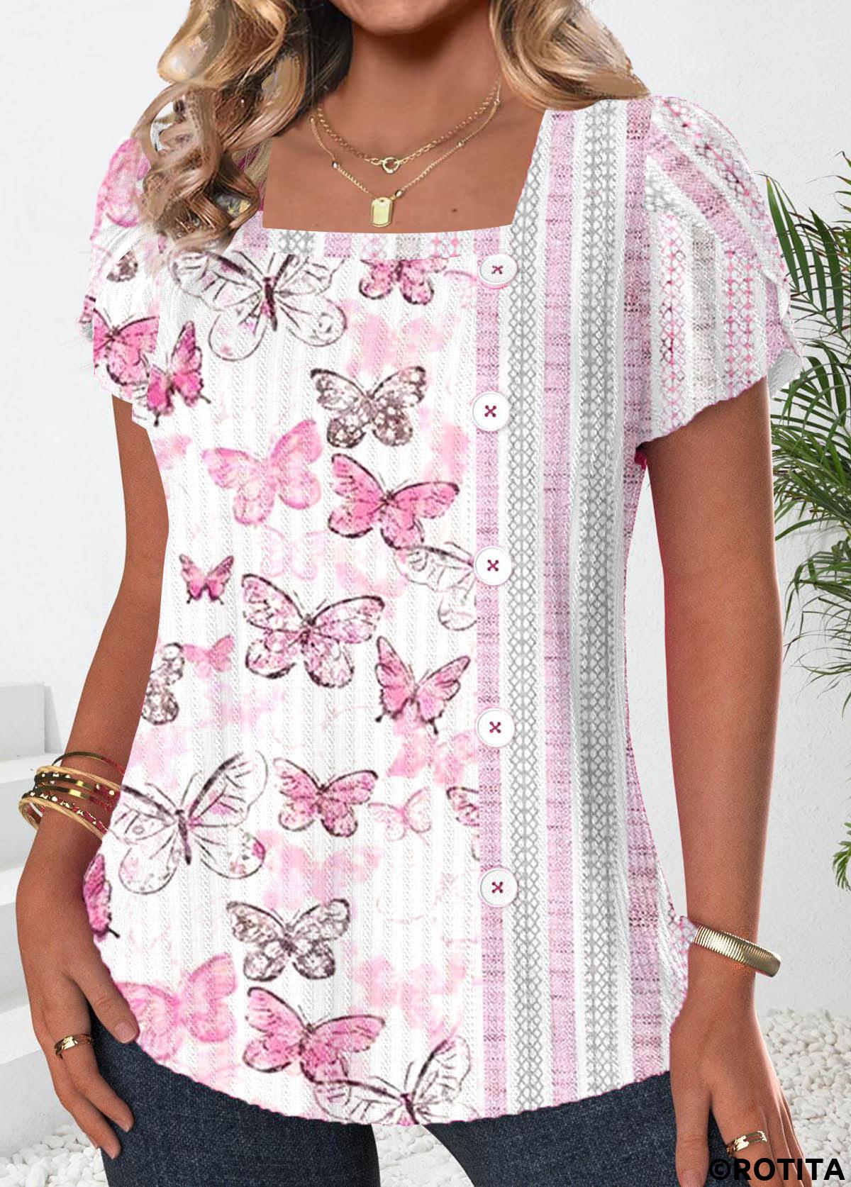 White tops,Pink tops,Animal Print tops,ROTITA Button Butterfly Print White Square Neck T Shirt