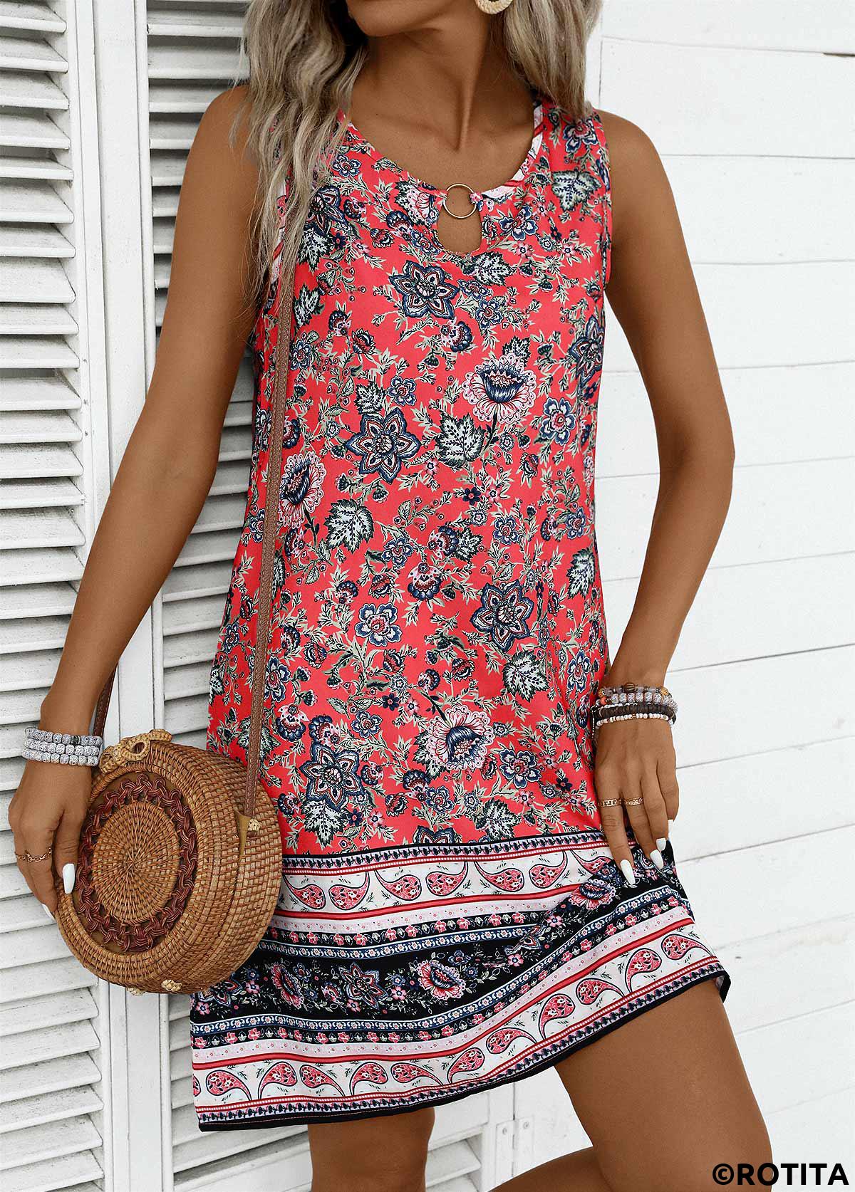 Coral plus size,Tribal plus size,ROTITA Plus Size Circular Ring Coral Tribal Print Sleeveless Dress
