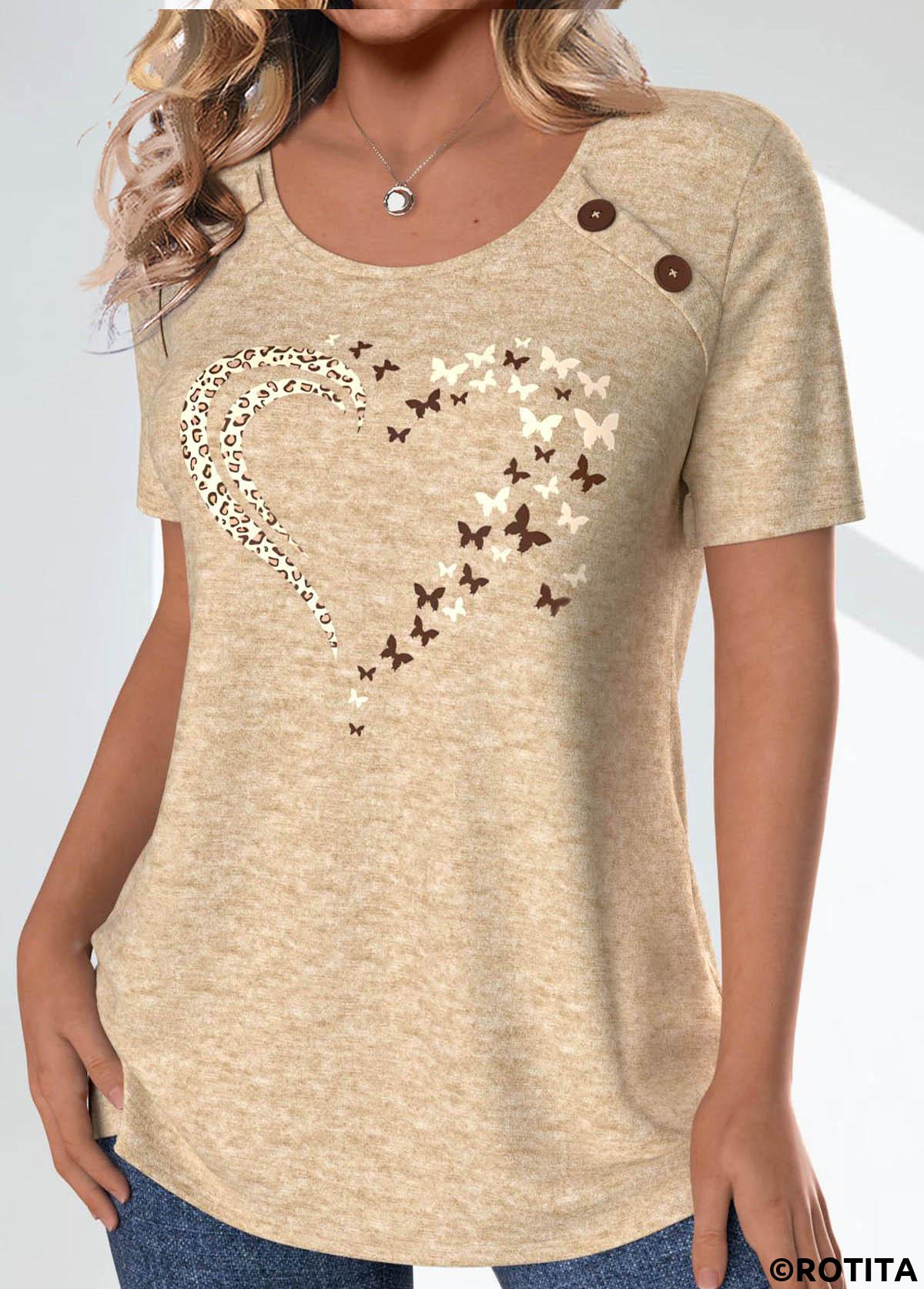 t-shirt col rond camel clair imprimé papillon bouton rotita