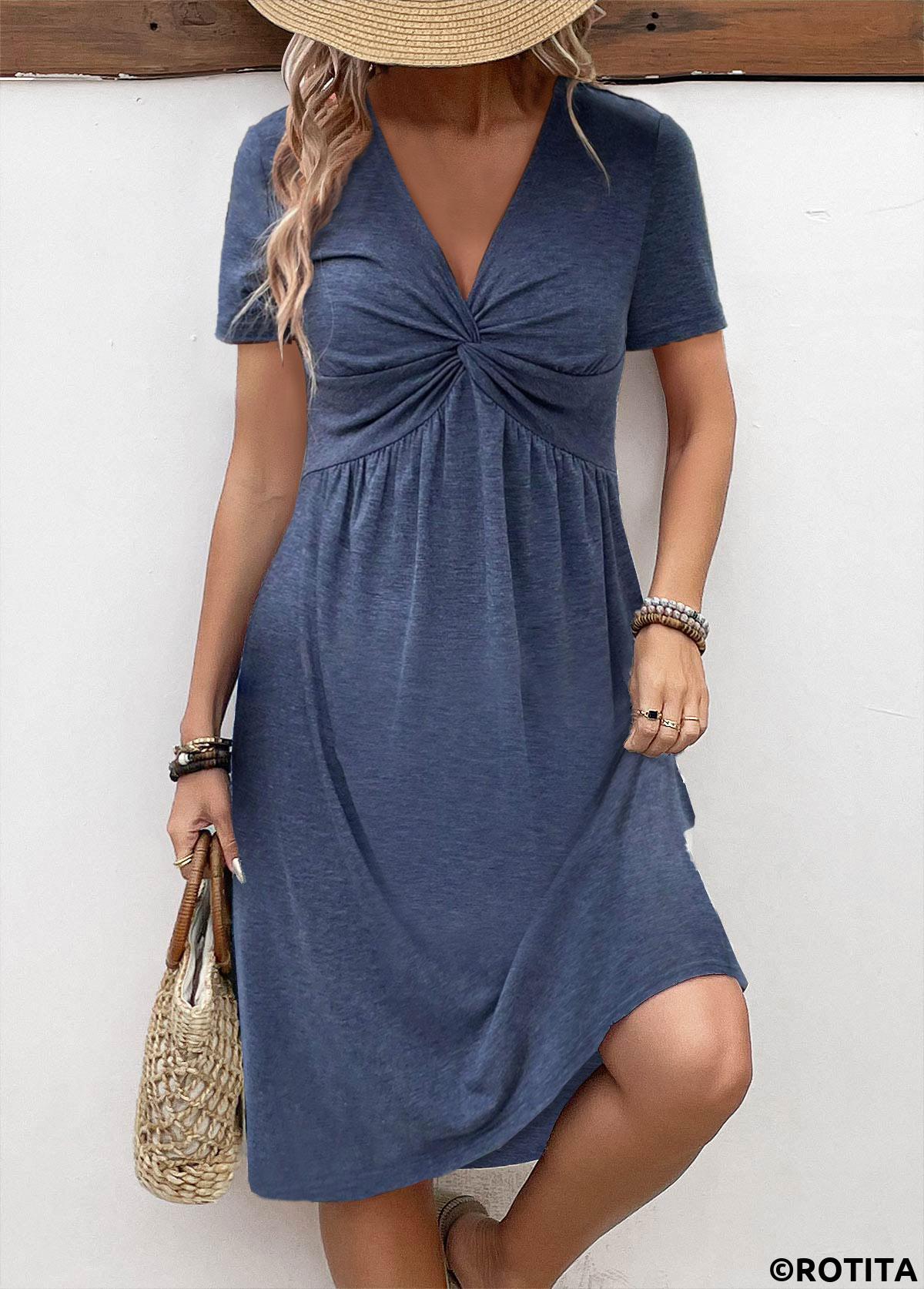 Navy dresses,Plain Color dresses,Everyday dresses,Casual dresses,ROTITA Twist Navy A Line V Neck Short Sleeve Dress