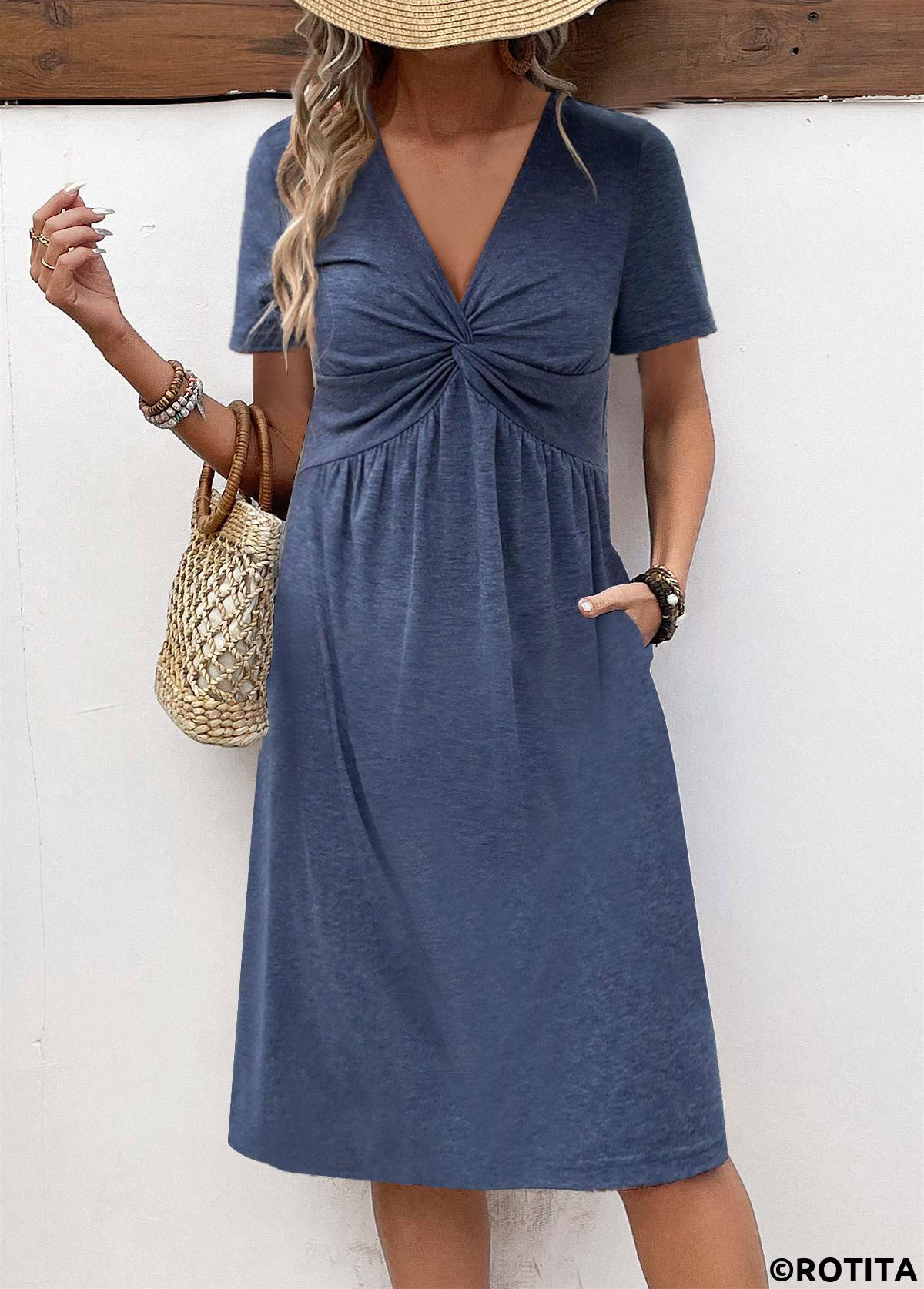 Navy dresses,Plain Color dresses,Everyday dresses,Casual dresses,ROTITA Twist Navy A Line V Neck Short Sleeve Dress