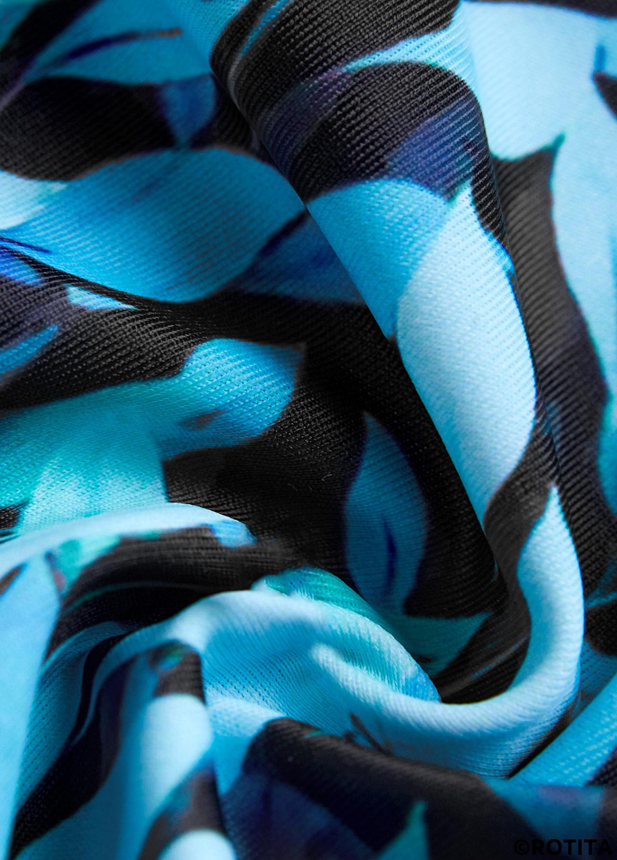 Cyan swimwear,Black swimwear,Plants swimwear,ROTITA Tie Cyan Leaf Print One Piece Swimdress