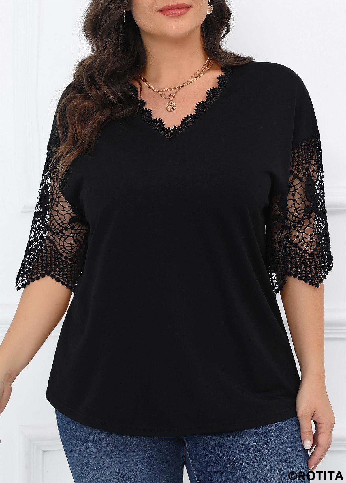 Black plus size,Plain Color plus size,Plus Size Lace Black V Neck T Shirt