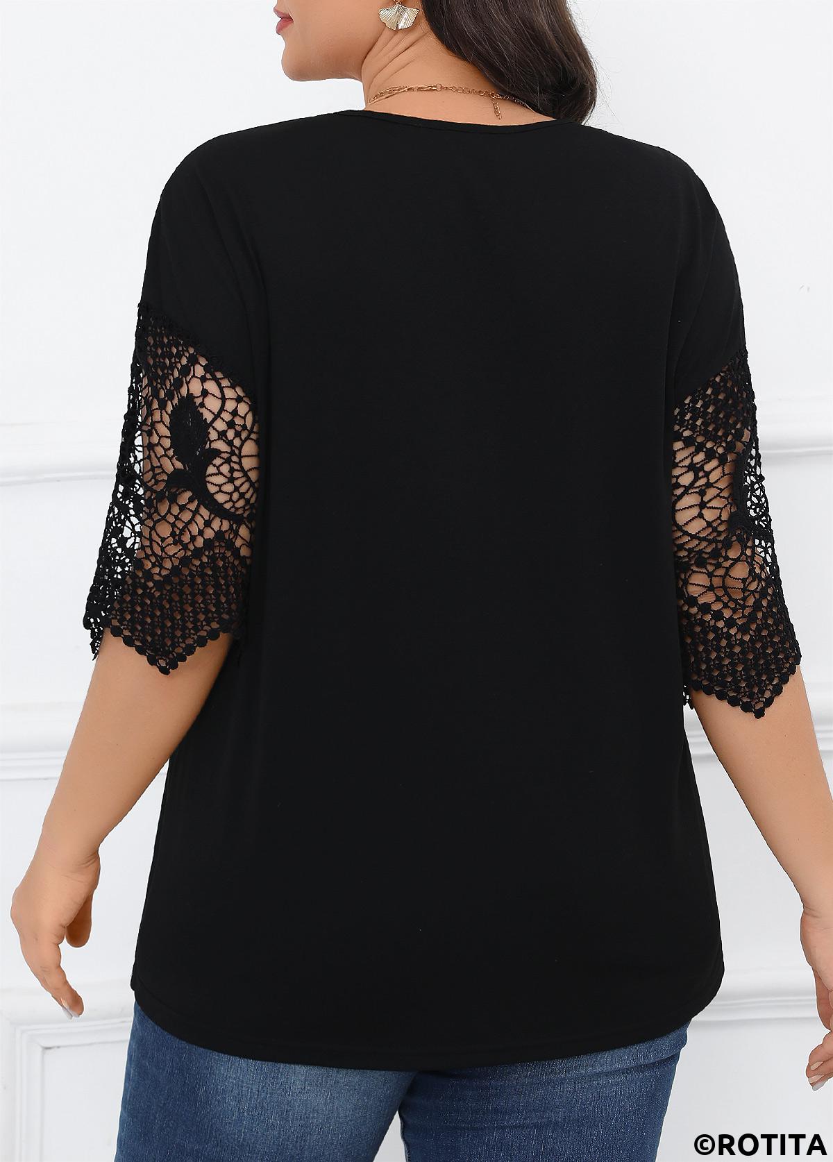Black plus size,Plain Color plus size,Plus Size Lace Black V Neck T Shirt