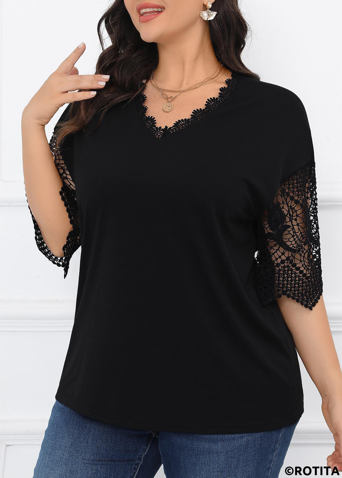Black plus size,Plain Color plus size,Plus Size Lace Black V Neck T Shirt