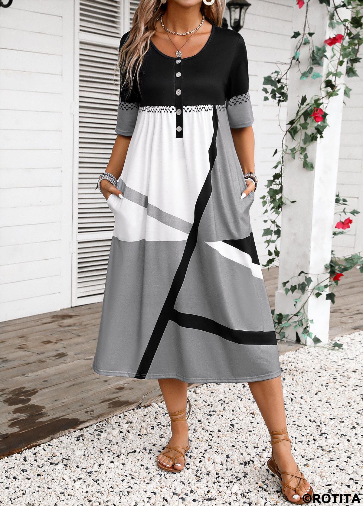 Dark Grey dresses,Geometric dresses,Striped dresses,Everyday dresses,Casual dresses,Button Geometric Print Dark Grey Scoop Neck Dress