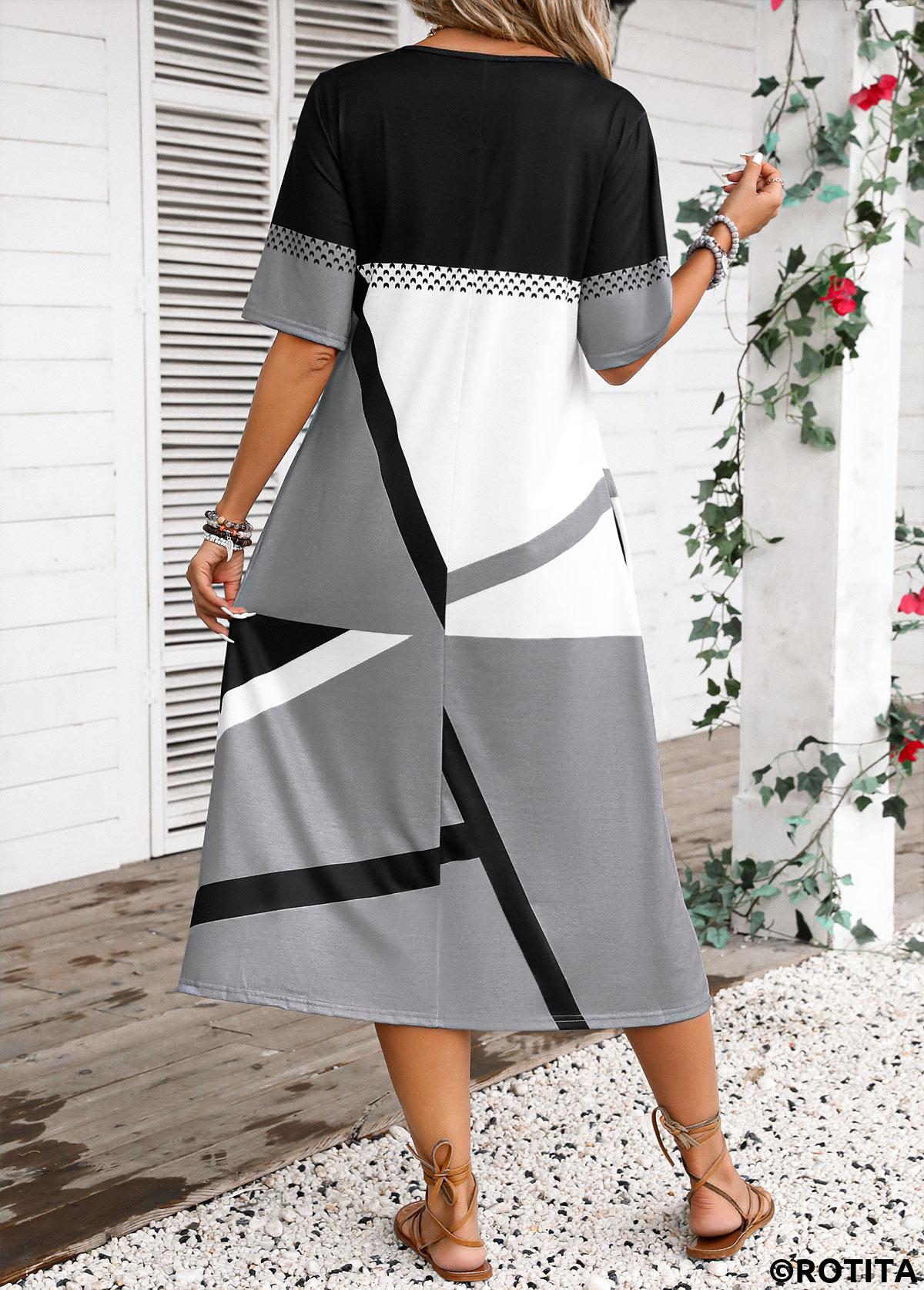Dark Grey dresses,Geometric dresses,Striped dresses,Everyday dresses,Casual dresses,Button Geometric Print Dark Grey Scoop Neck Dress