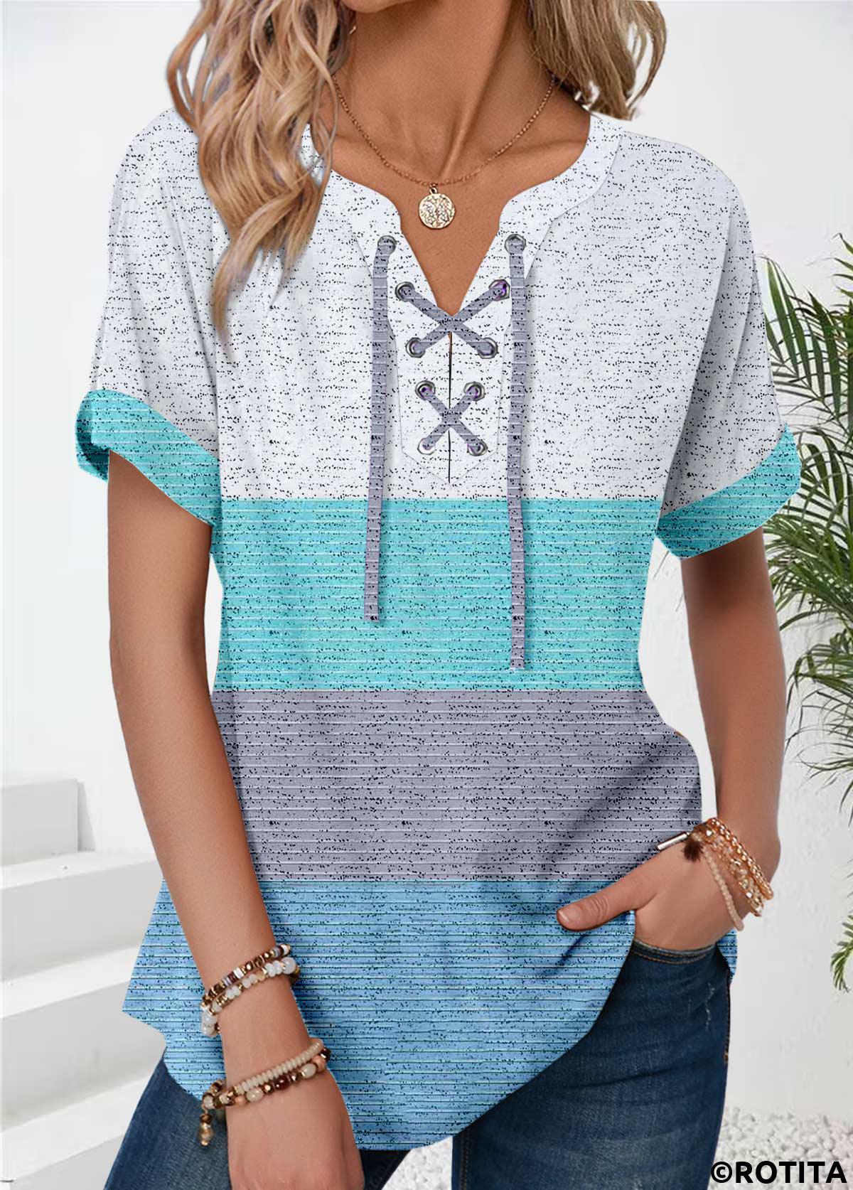 Rotita – Mintgrünes T-Shirt mit Schlitzkragen und Schnürung