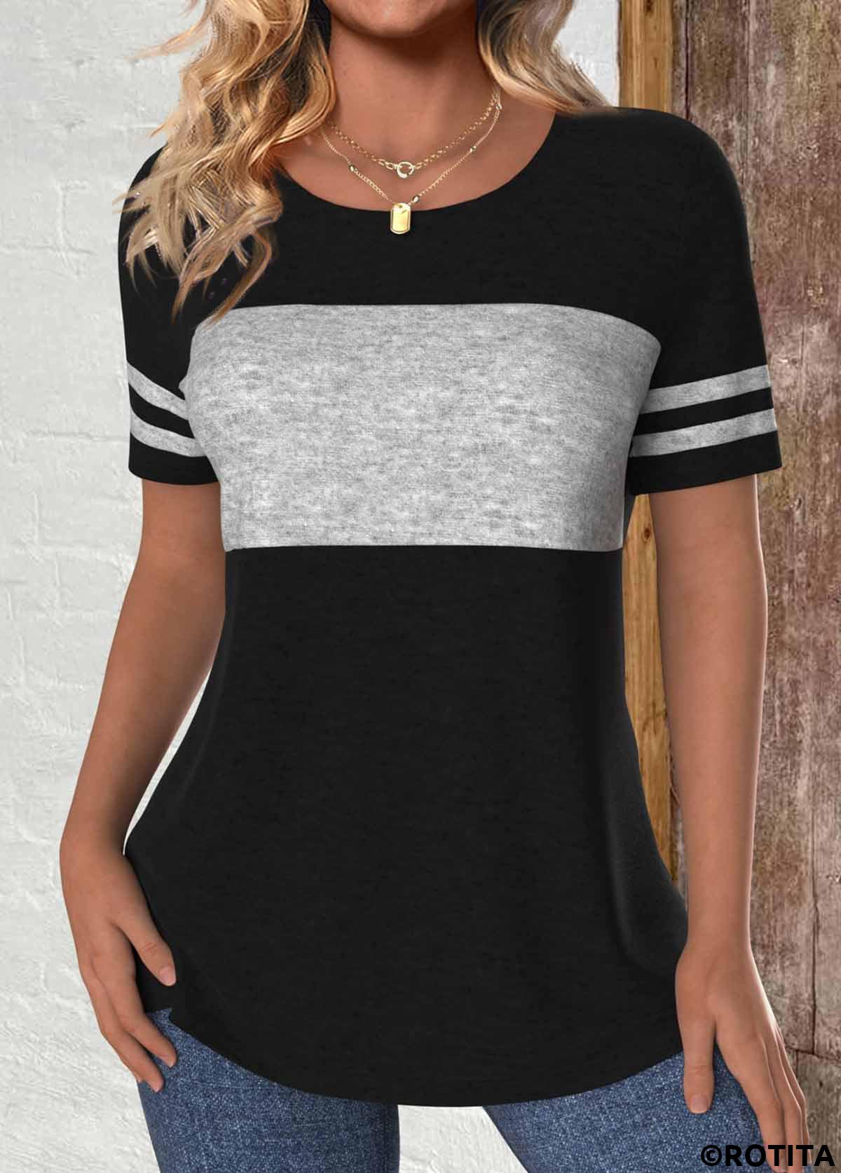 Rotita Patchwork-T-Shirt in Schwarz mit Rundhalsausschnitt und kurzen Ärmeln