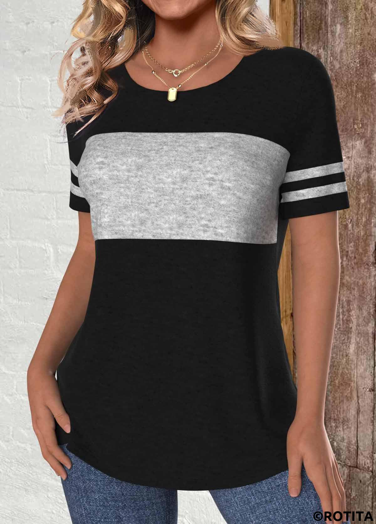 Rotita Patchwork-T-Shirt in Schwarz mit Rundhalsausschnitt und kurzen Ärmeln