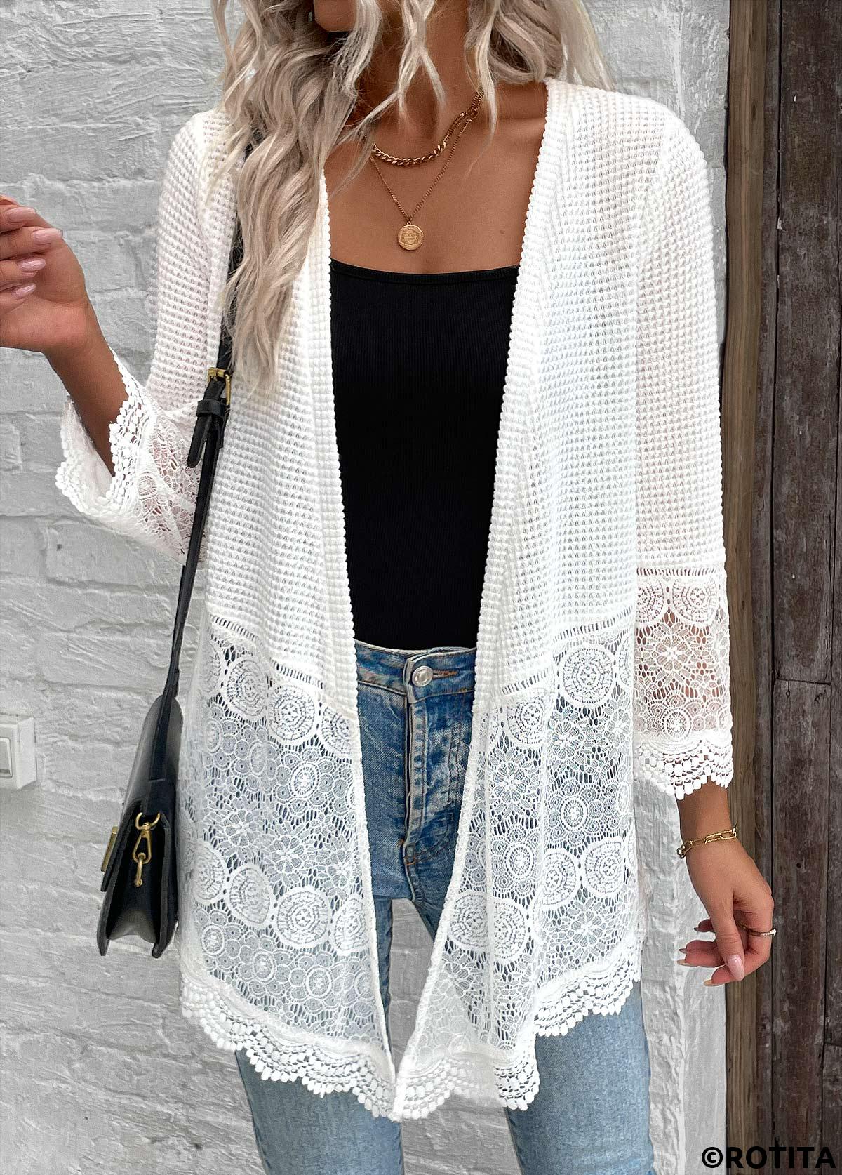 White tops,Plain Color tops,ROTITA Lace White 3/4 Sleeve Light Cardigan
