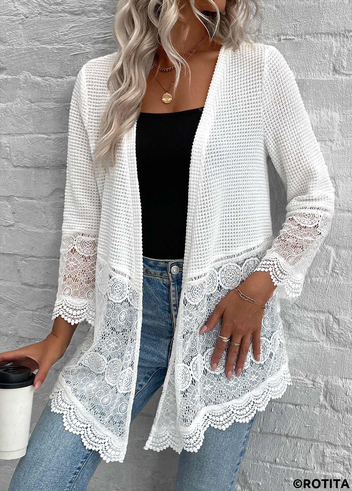 White tops,Plain Color tops,ROTITA Lace White 3/4 Sleeve Light Cardigan