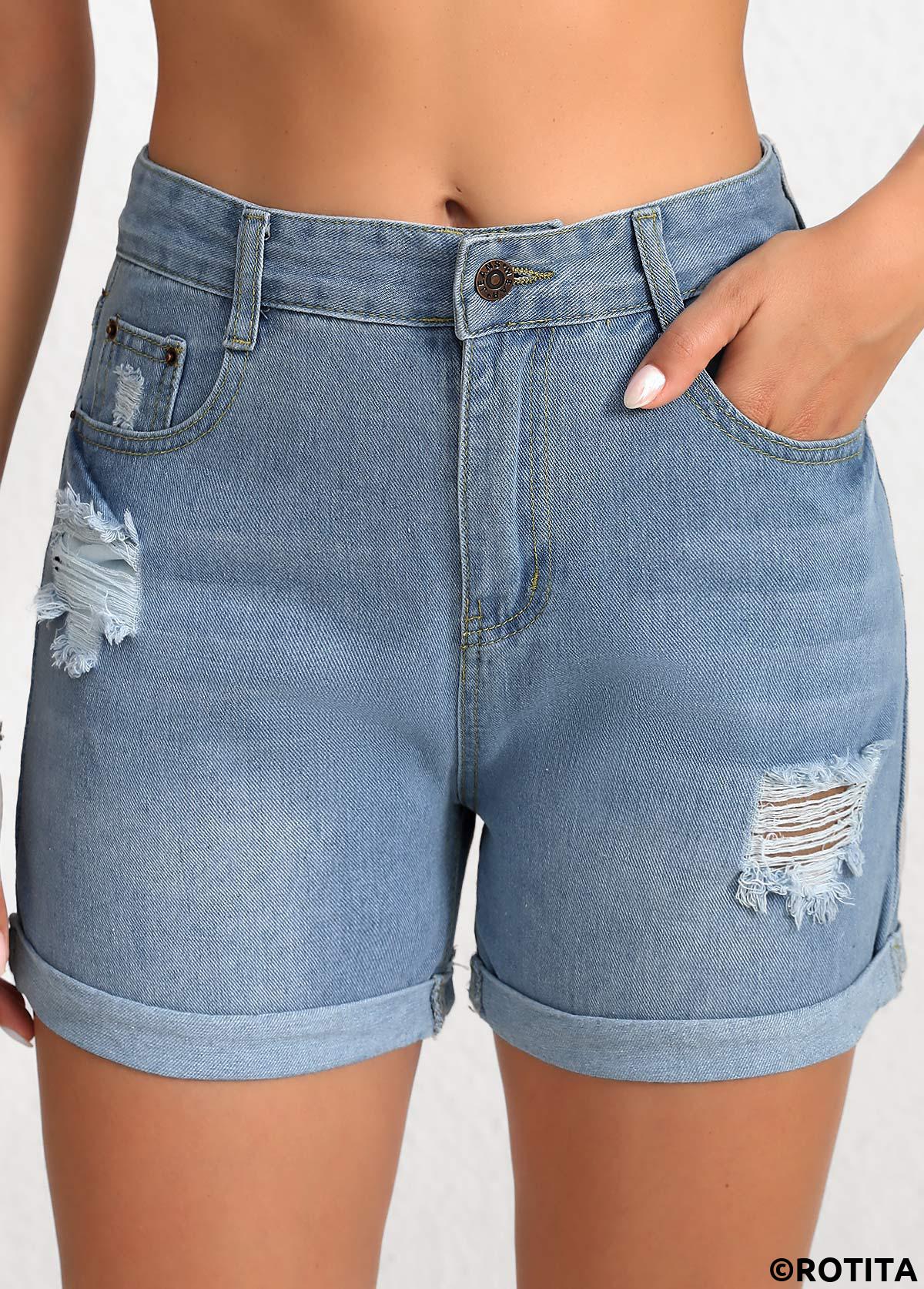 Denim Blue bottoms,Plain Color bottoms,Button Denim Blue Regular High Waisted Shorts