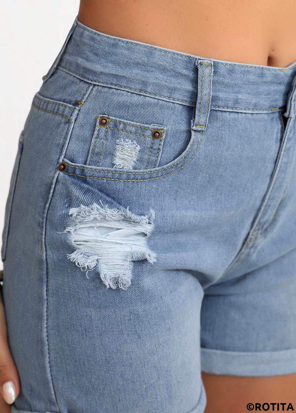 Denim Blue bottoms,Plain Color bottoms,Button Denim Blue Regular High Waisted Shorts