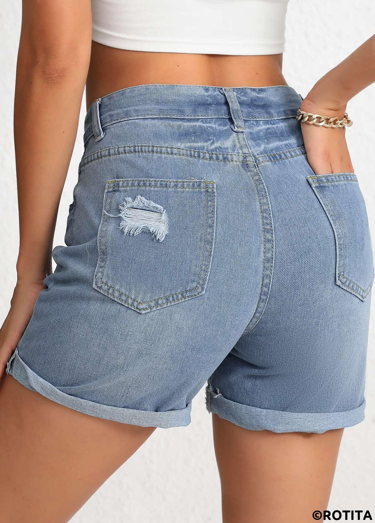Denim Blue bottoms,Plain Color bottoms,Button Denim Blue Regular High Waisted Shorts