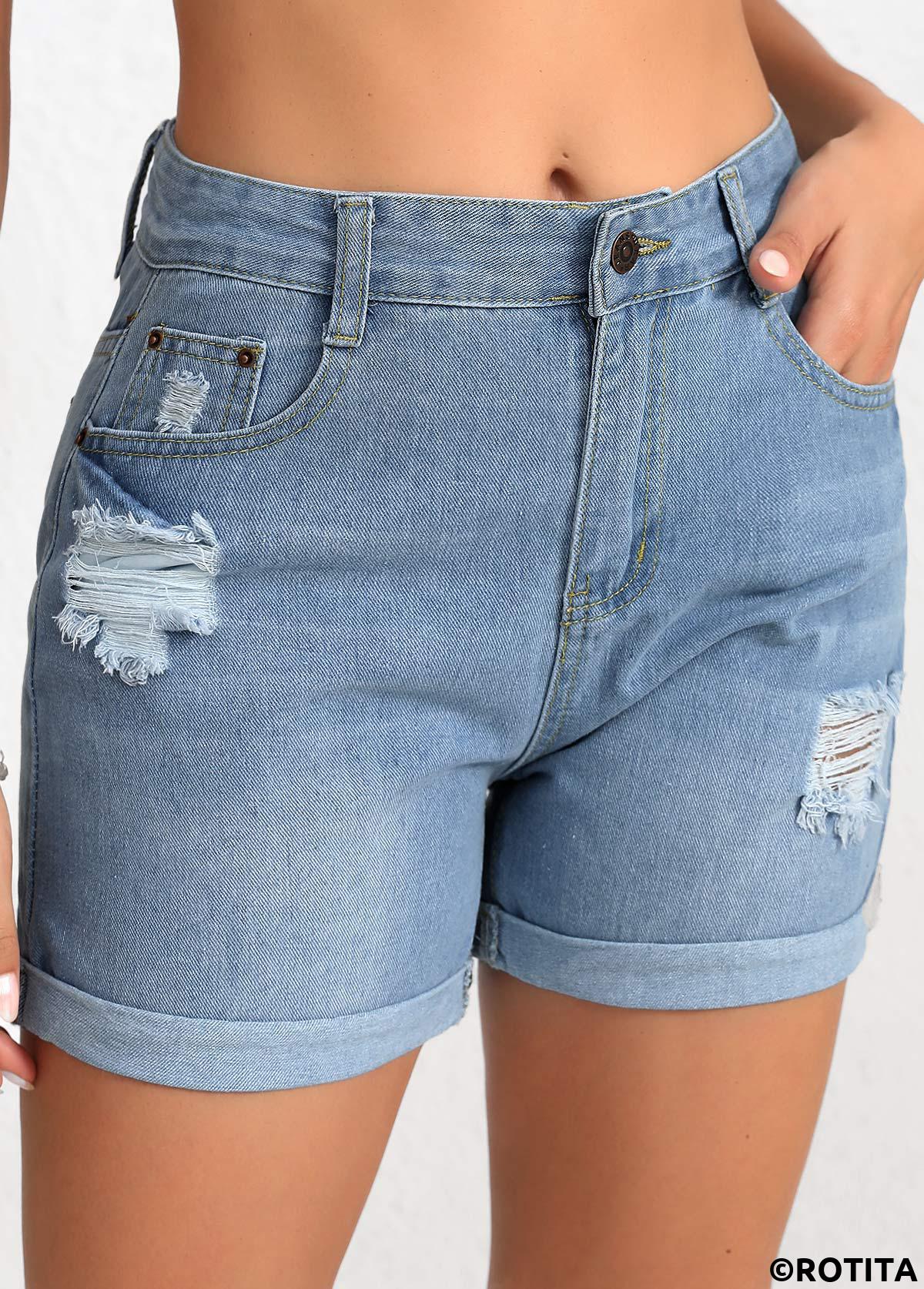 Denim Blue bottoms,Plain Color bottoms,Button Denim Blue Regular High Waisted Shorts