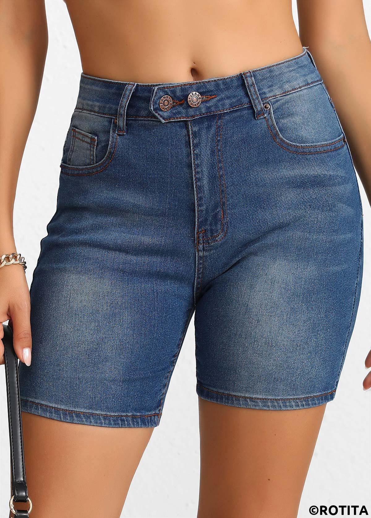 short skinny taille haute bleu denim boutonné