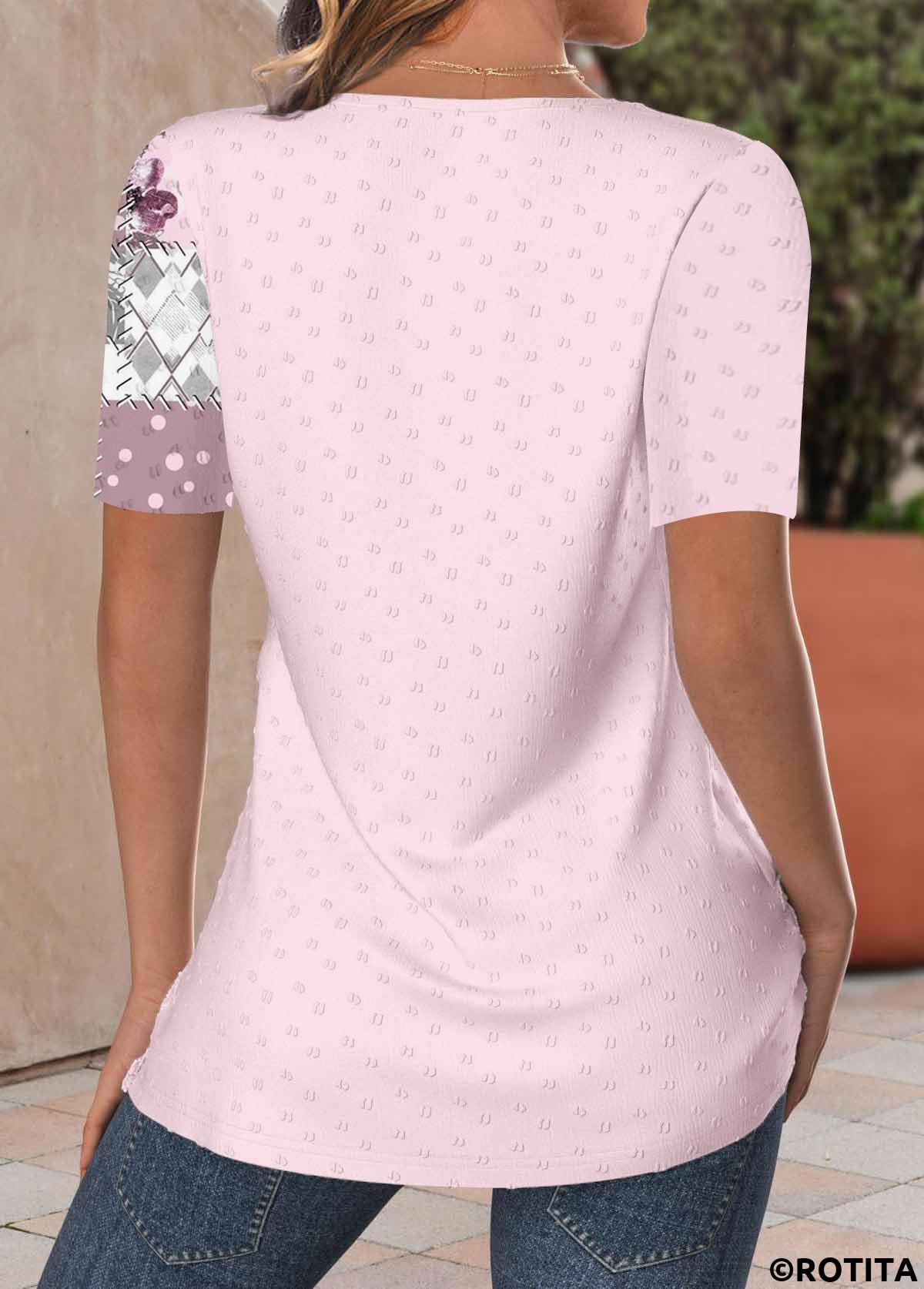 rotita blouse rose à manches courtes et col asymétrique patchwork