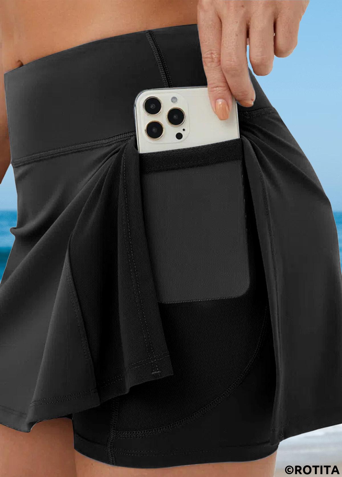 Black swimwear,Plain Color swimwear,ROTITA Black Mid Waisted Side Split Pantskirt