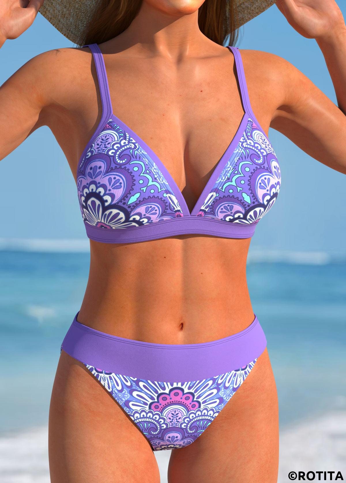 Purple swimwear,Tribal swimwear,ROTITA Patchwork Purple Tribal Print Bikini Set