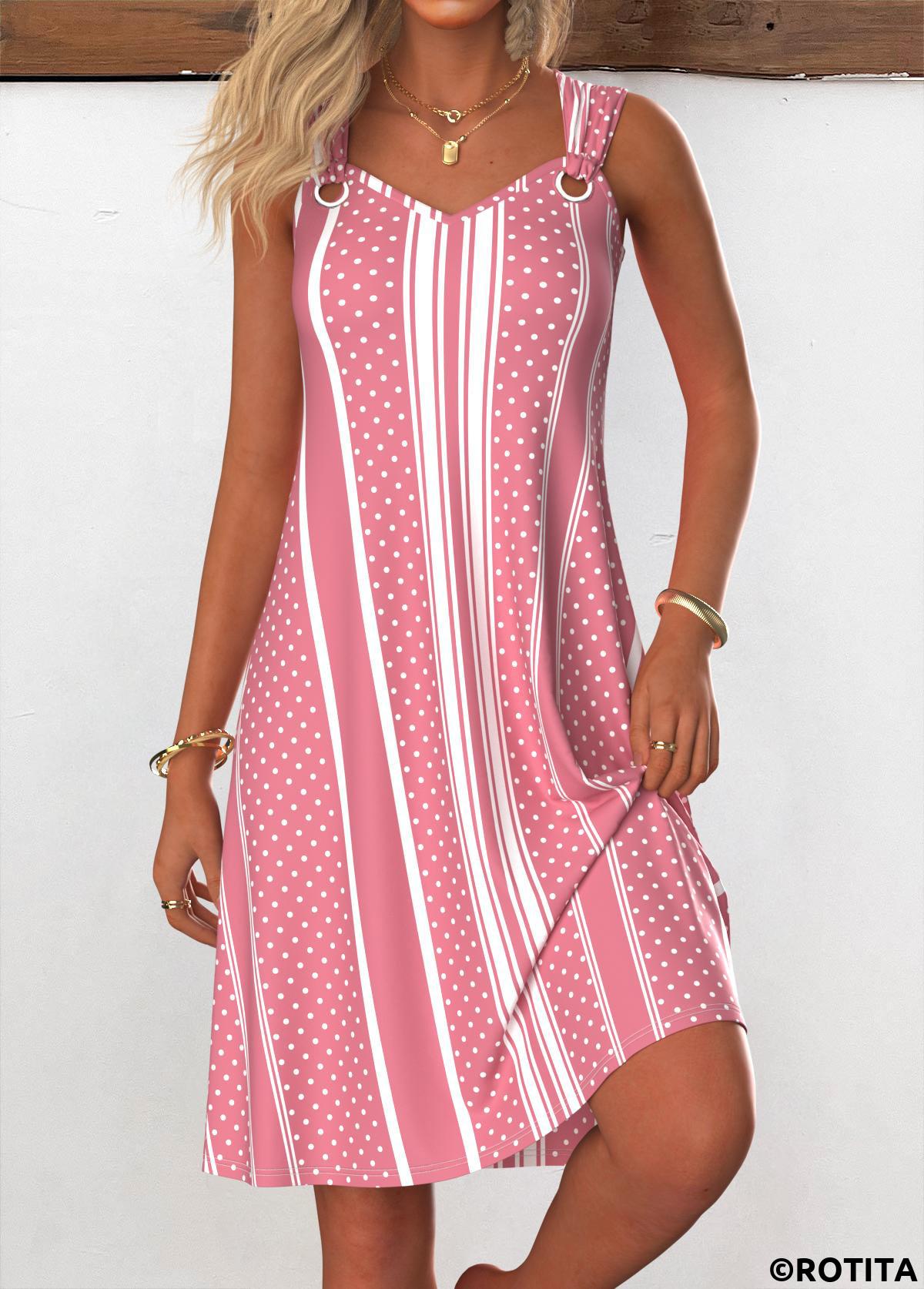 Pink dresses,Striped dresses,Geometric dresses,Dot dresses,Everyday dresses,Casual dresses,ROTITA Breathable Striped Pink A Line V Neck Sleeveless Dress