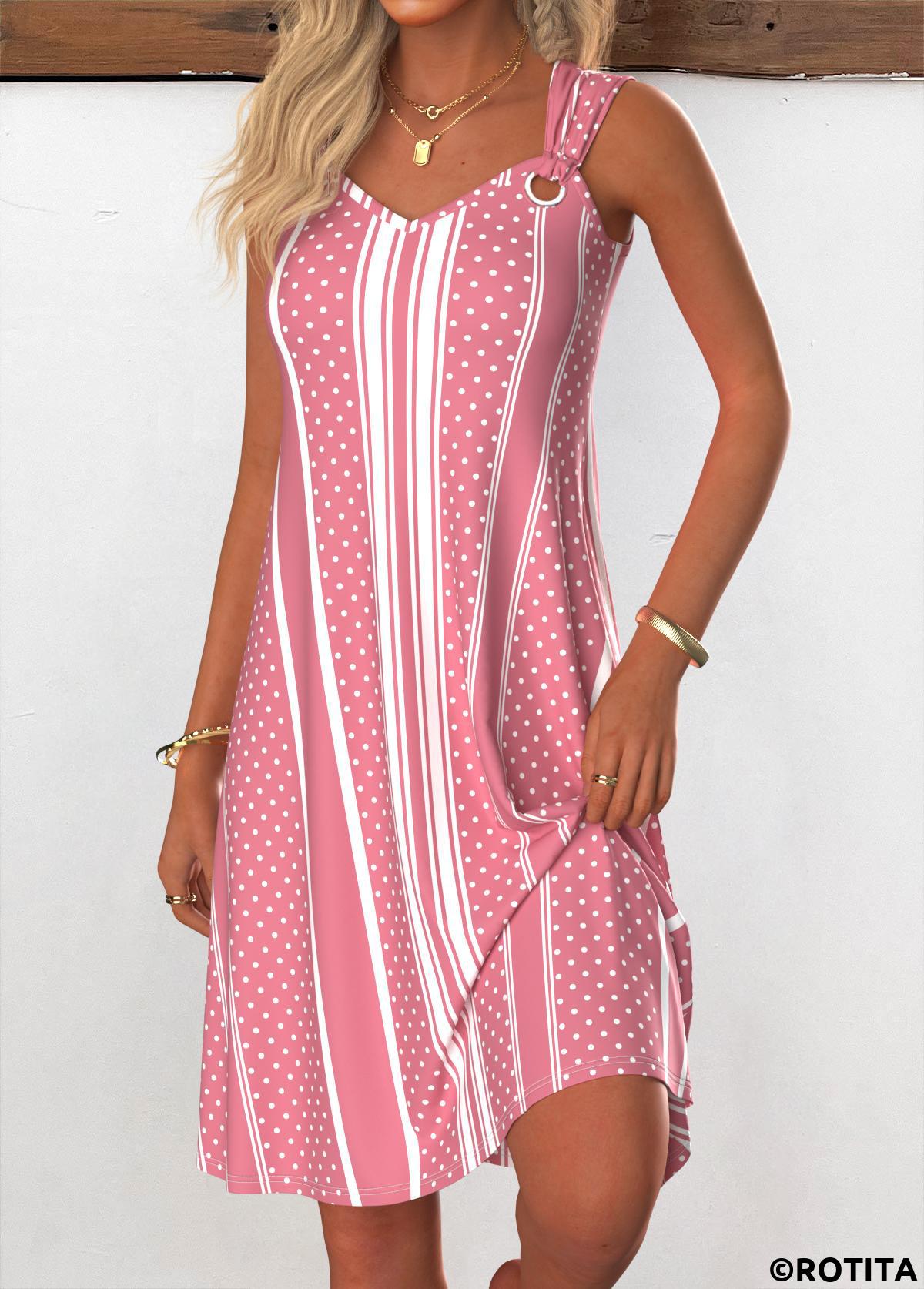 Pink dresses,Striped dresses,Geometric dresses,Dot dresses,Everyday dresses,Casual dresses,ROTITA Breathable Striped Pink A Line V Neck Sleeveless Dress