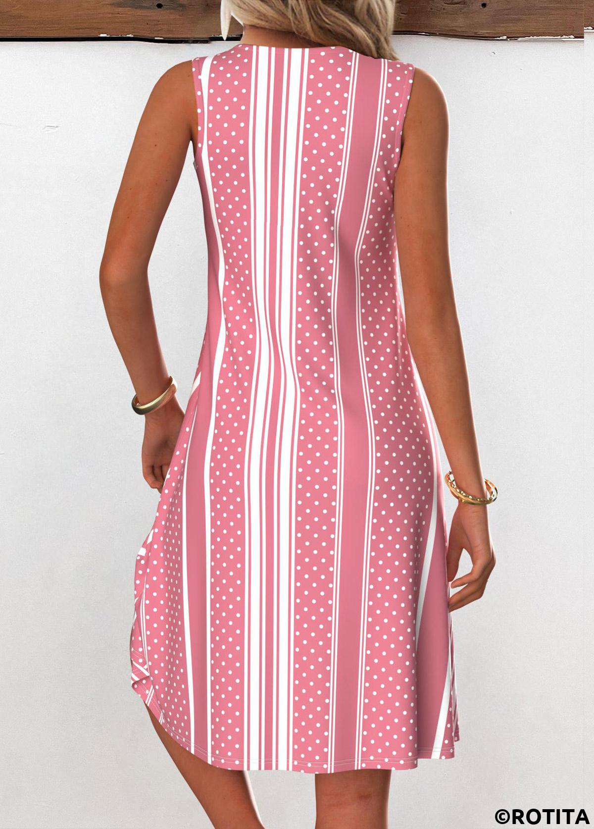 Pink dresses,Striped dresses,Geometric dresses,Dot dresses,Everyday dresses,Casual dresses,ROTITA Breathable Striped Pink A Line V Neck Sleeveless Dress