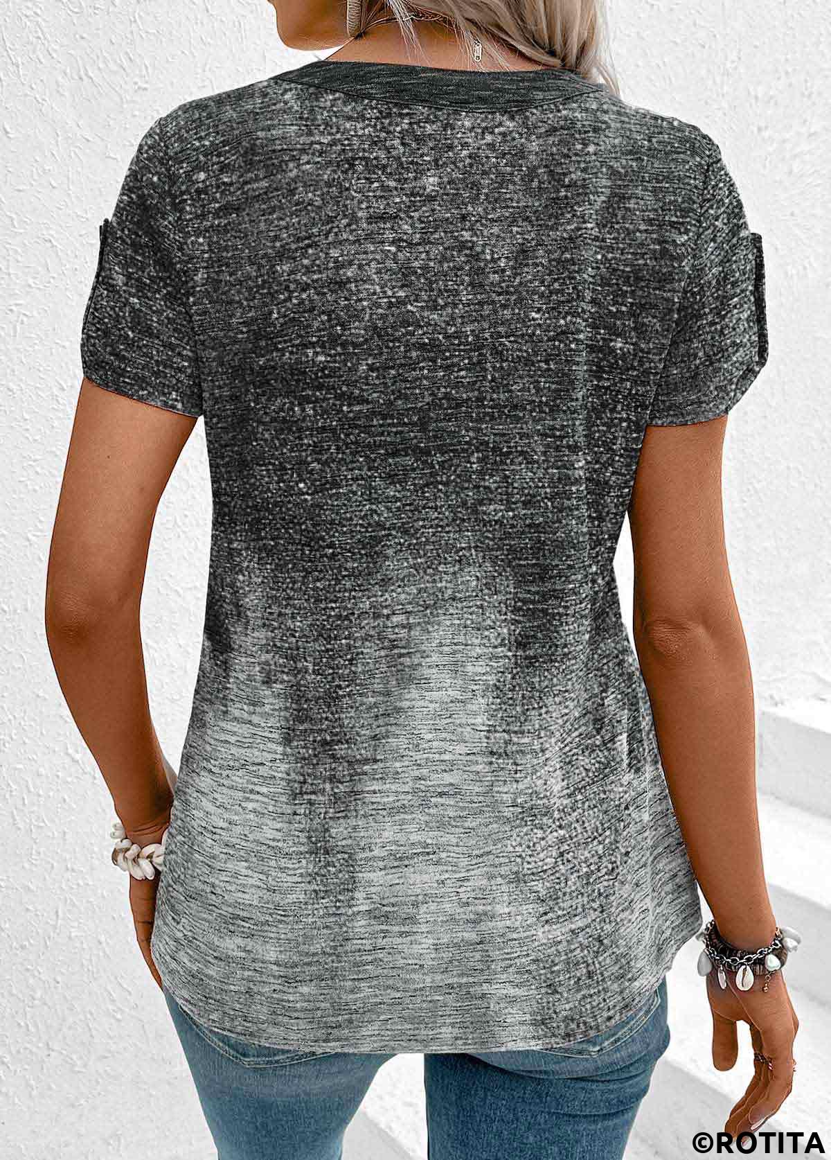 Grey tops,Ombre tops,ROTITA Patchwork Ombre Grey Split Neck Short Sleeve T Shirt