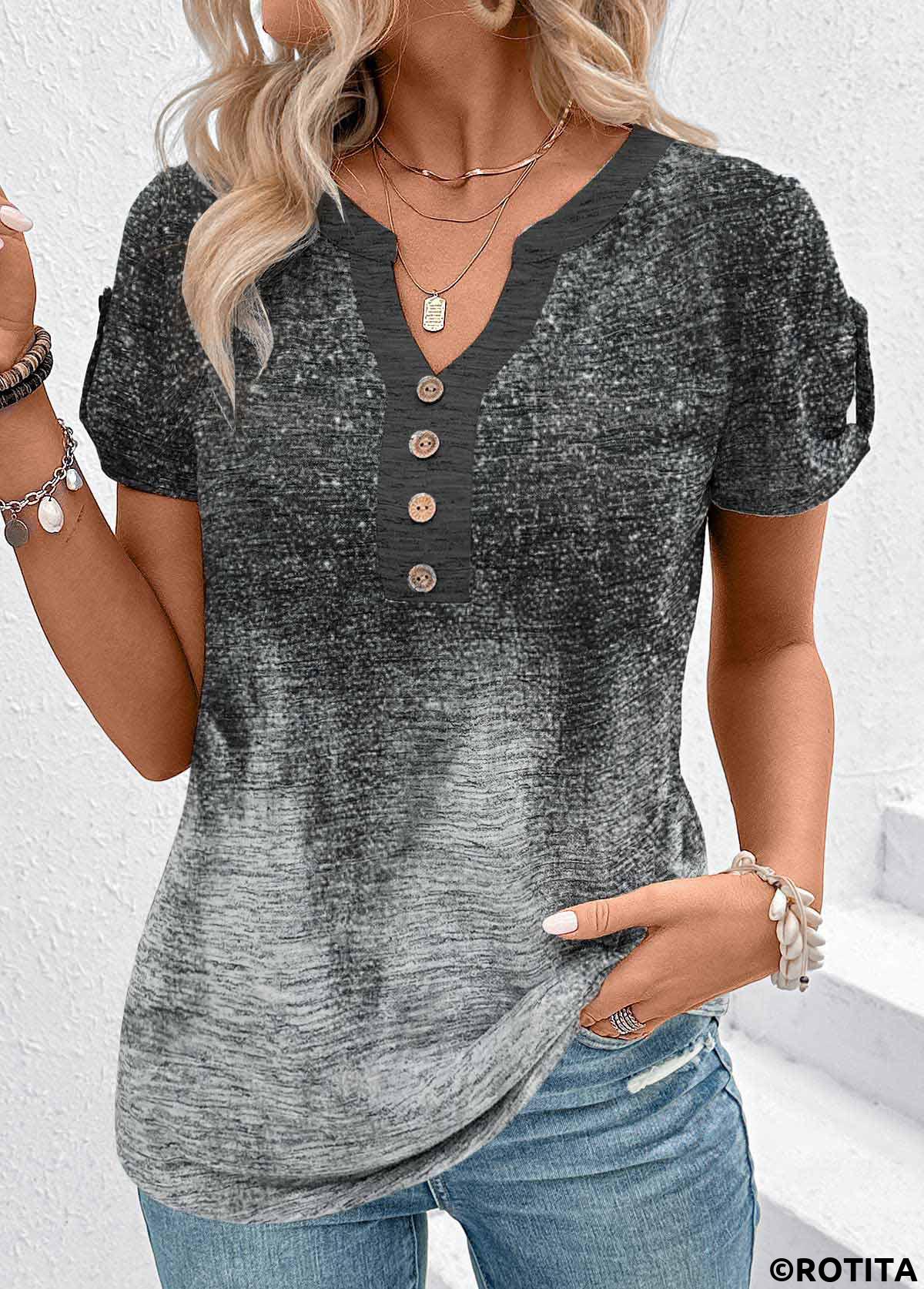 Grey tops,Ombre tops,ROTITA Patchwork Ombre Grey Split Neck Short Sleeve T Shirt