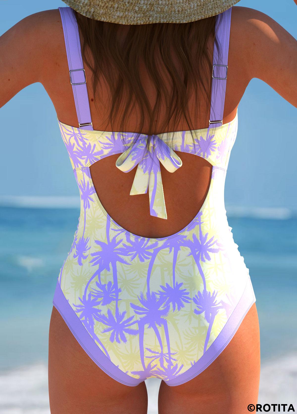 Light Purple swimwear,Plants swimwear,ROTITA Cut Out Light Purple One Piece Swimwear