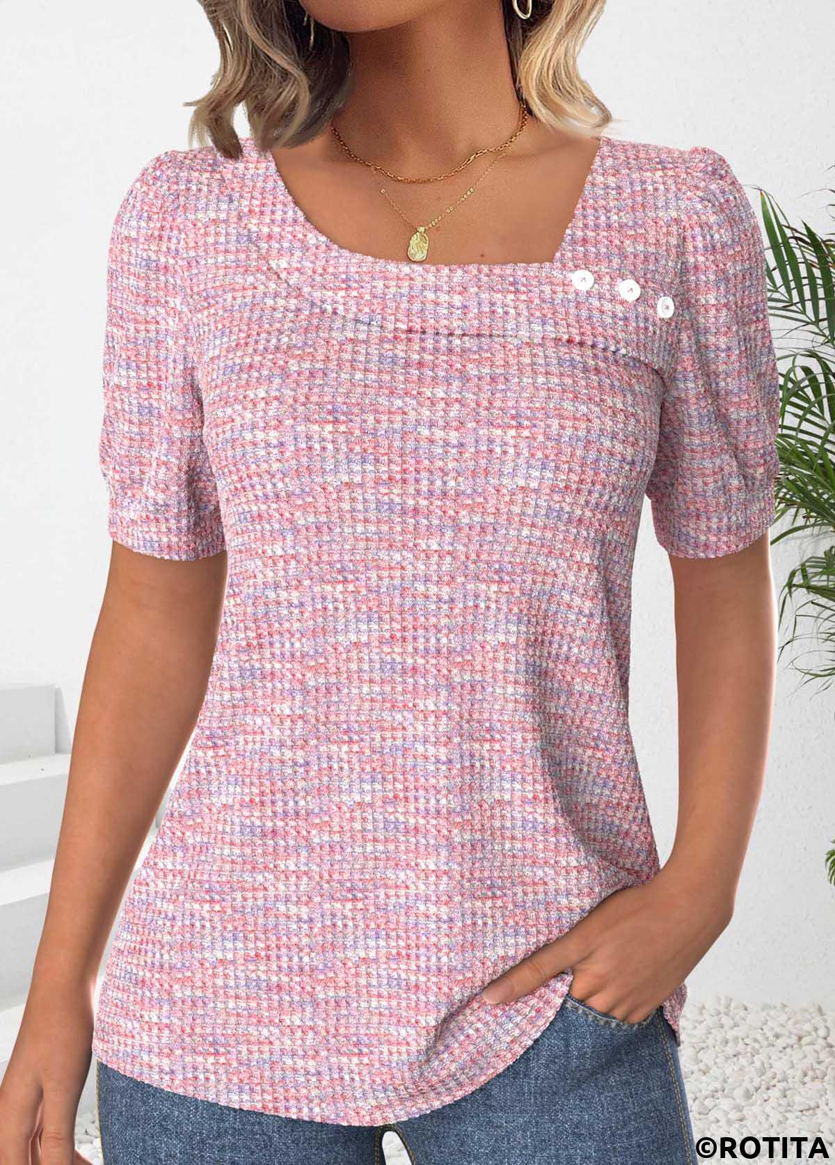 Pink tops,Plain Color tops,ROTITA Button Pink Asymmetrical Neck Short Sleeve T Shirt