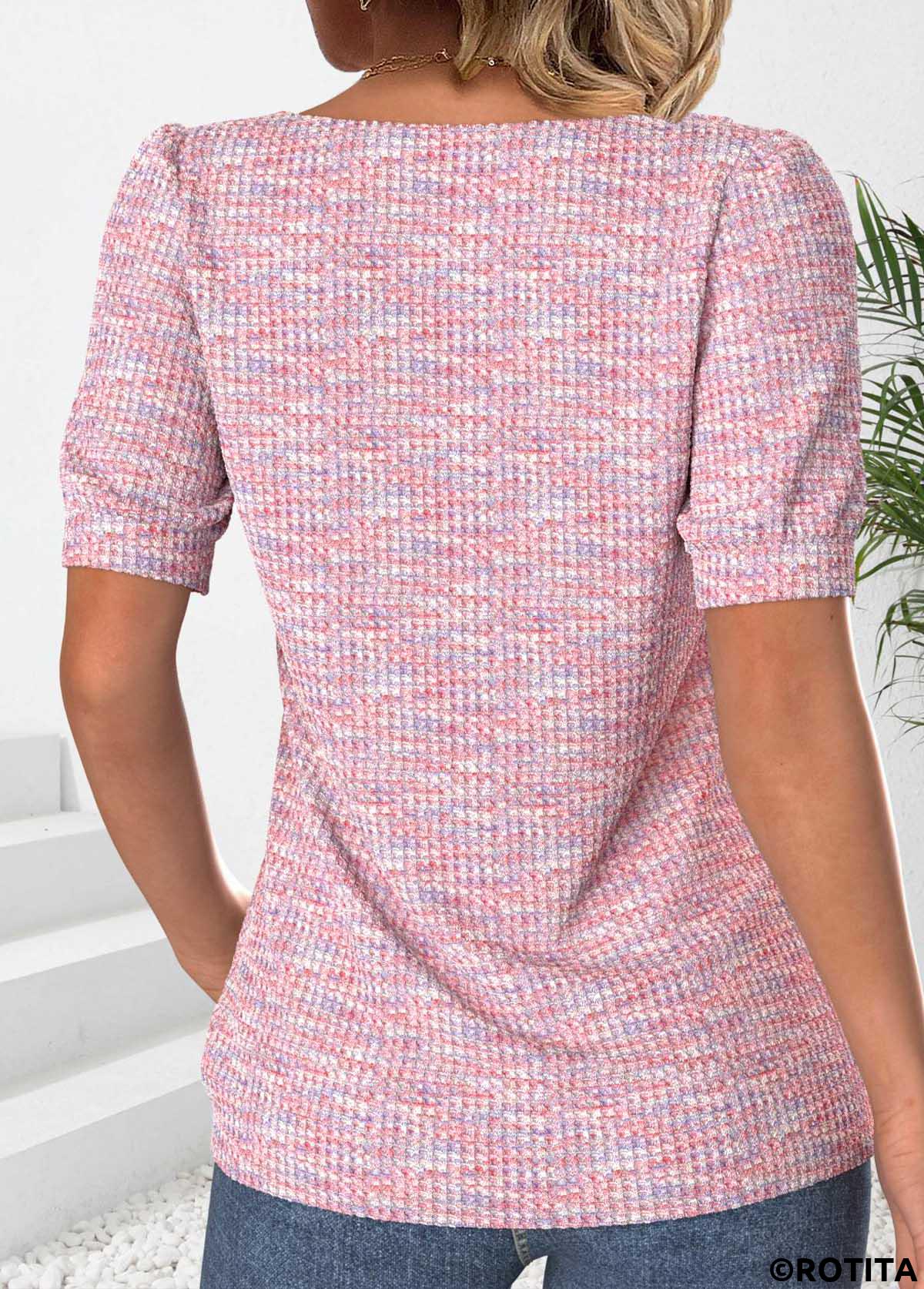 Pink tops,Plain Color tops,ROTITA Button Pink Asymmetrical Neck Short Sleeve T Shirt