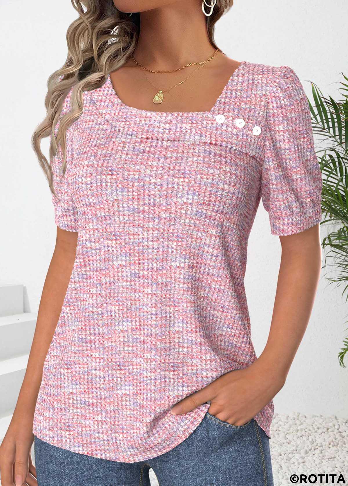 Pink tops,Plain Color tops,ROTITA Button Pink Asymmetrical Neck Short Sleeve T Shirt